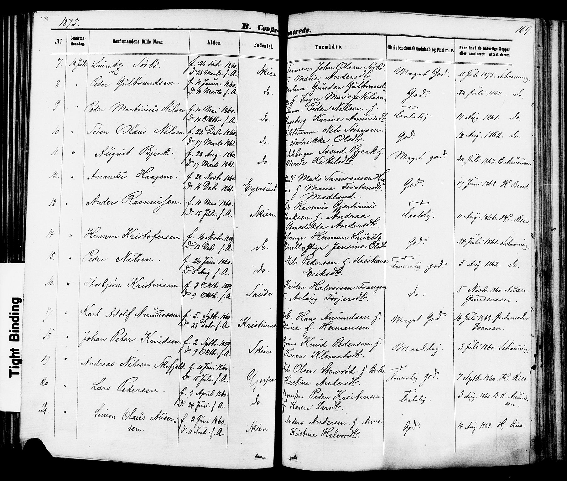 Skien kirkebøker, AV/SAKO-A-302/F/Fa/L0008: Parish register (official) no. 8, 1866-1877, p. 169