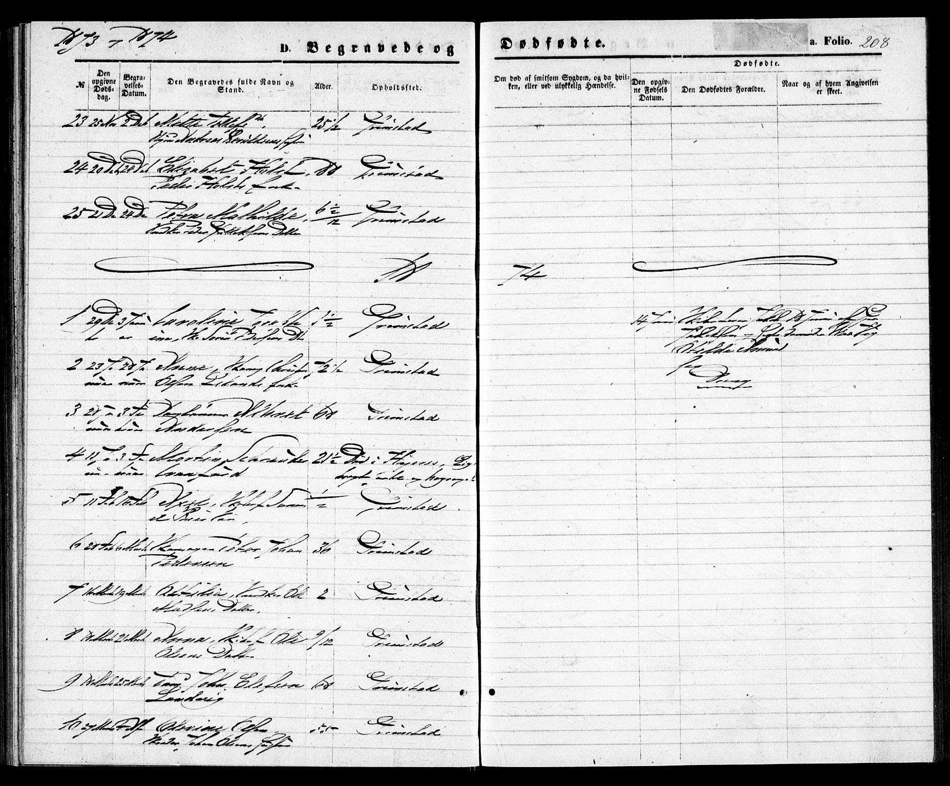 Grimstad sokneprestkontor, SAK/1111-0017/F/Fa/L0002: Parish register (official) no. A 1, 1869-1881, p. 208
