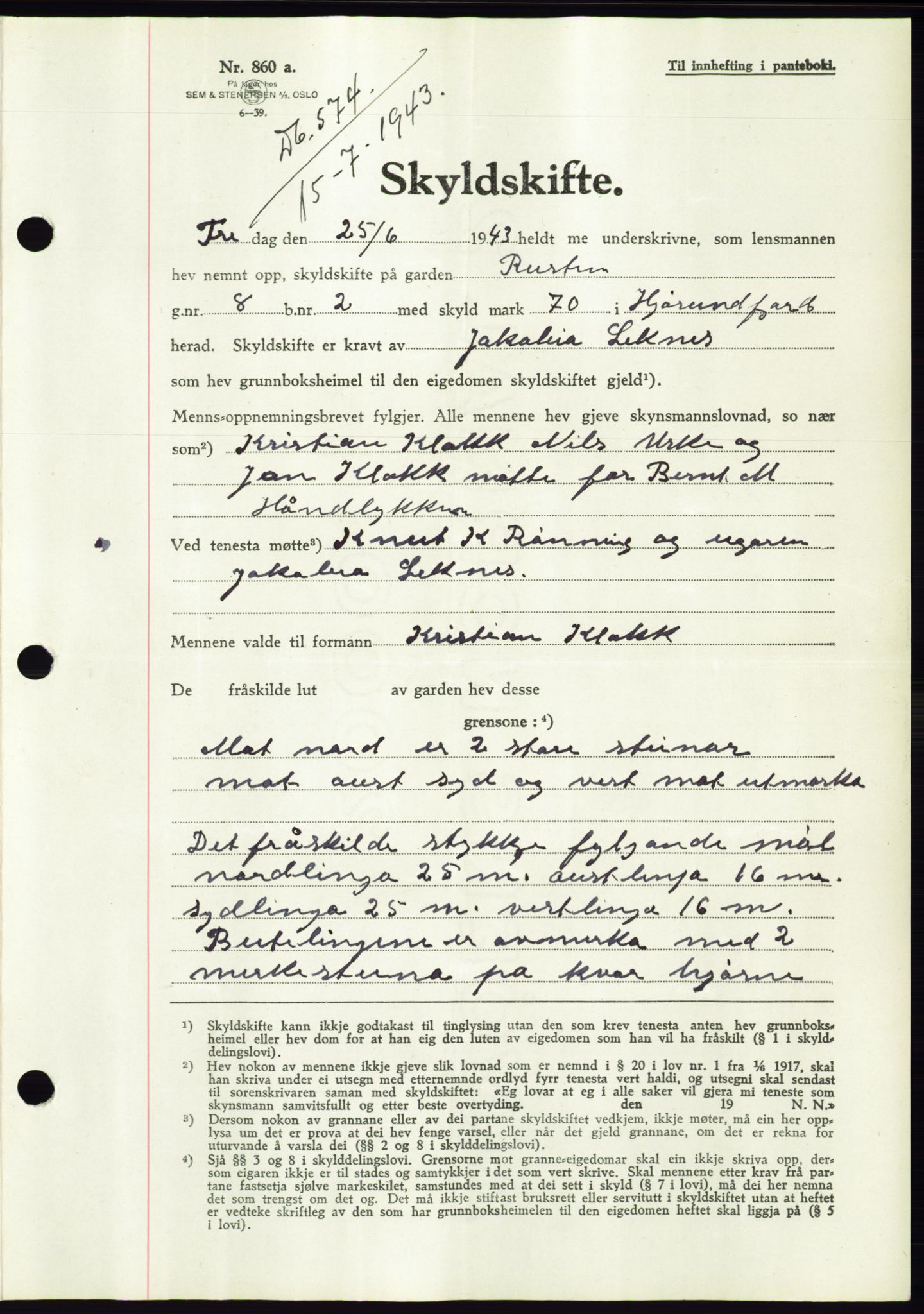 Søre Sunnmøre sorenskriveri, AV/SAT-A-4122/1/2/2C/L0075: Mortgage book no. 1A, 1943-1943, Diary no: : 574/1943