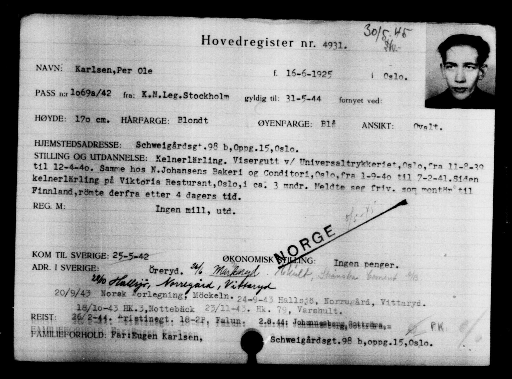 Utenriksstasjonene, Legasjonen i Stockholm, Flyktningkontoret, AV/RA-S-6753/V/Va/L0004: Kjesäterkartoteket, flyktninger med registreringsnr. 3496-6610, 1940-1945, p. 1700