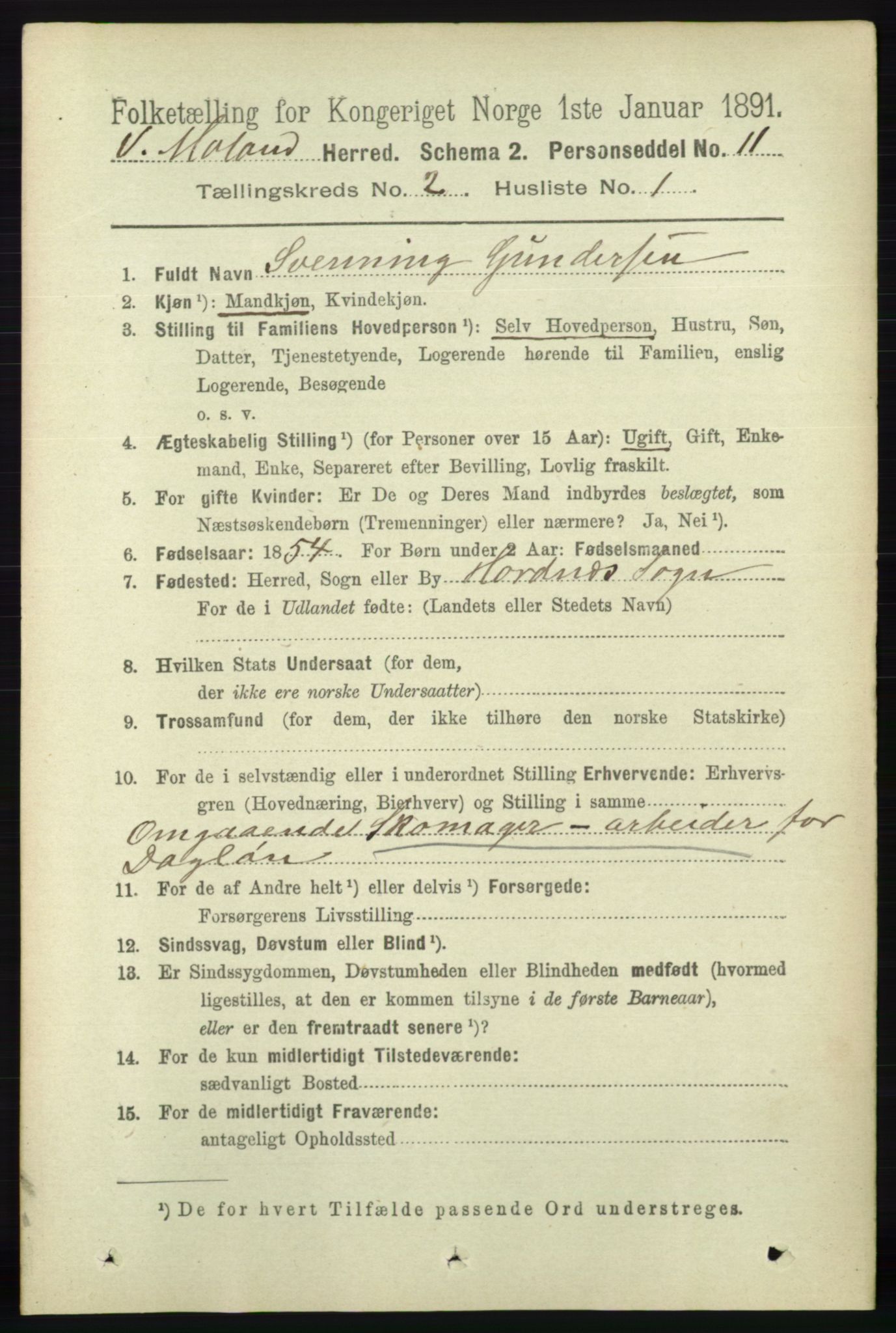 RA, 1891 census for 0926 Vestre Moland, 1891, p. 637