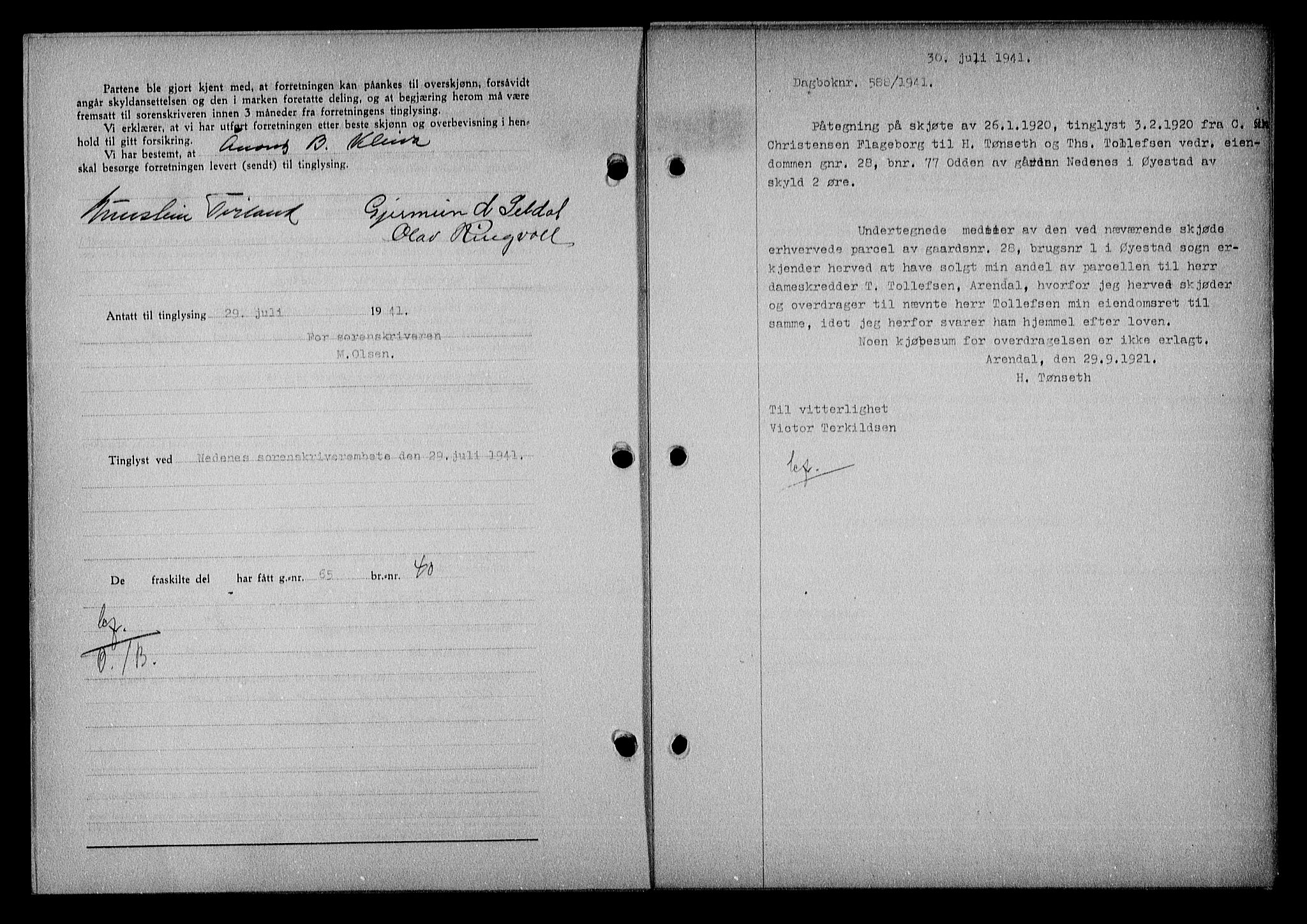 Nedenes sorenskriveri, SAK/1221-0006/G/Gb/Gba/L0048: Mortgage book no. A-II, 1940-1941, Diary no: : 588/1941