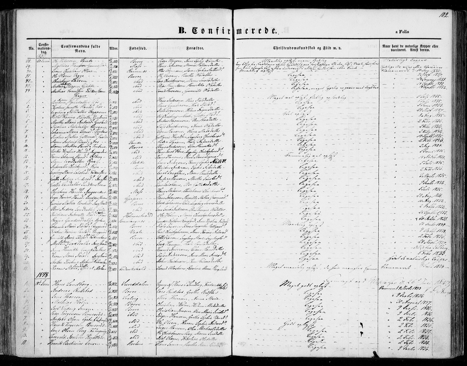 Borre kirkebøker, SAKO/A-338/F/Fa/L0005: Parish register (official) no. I 5, 1845-1851, p. 102