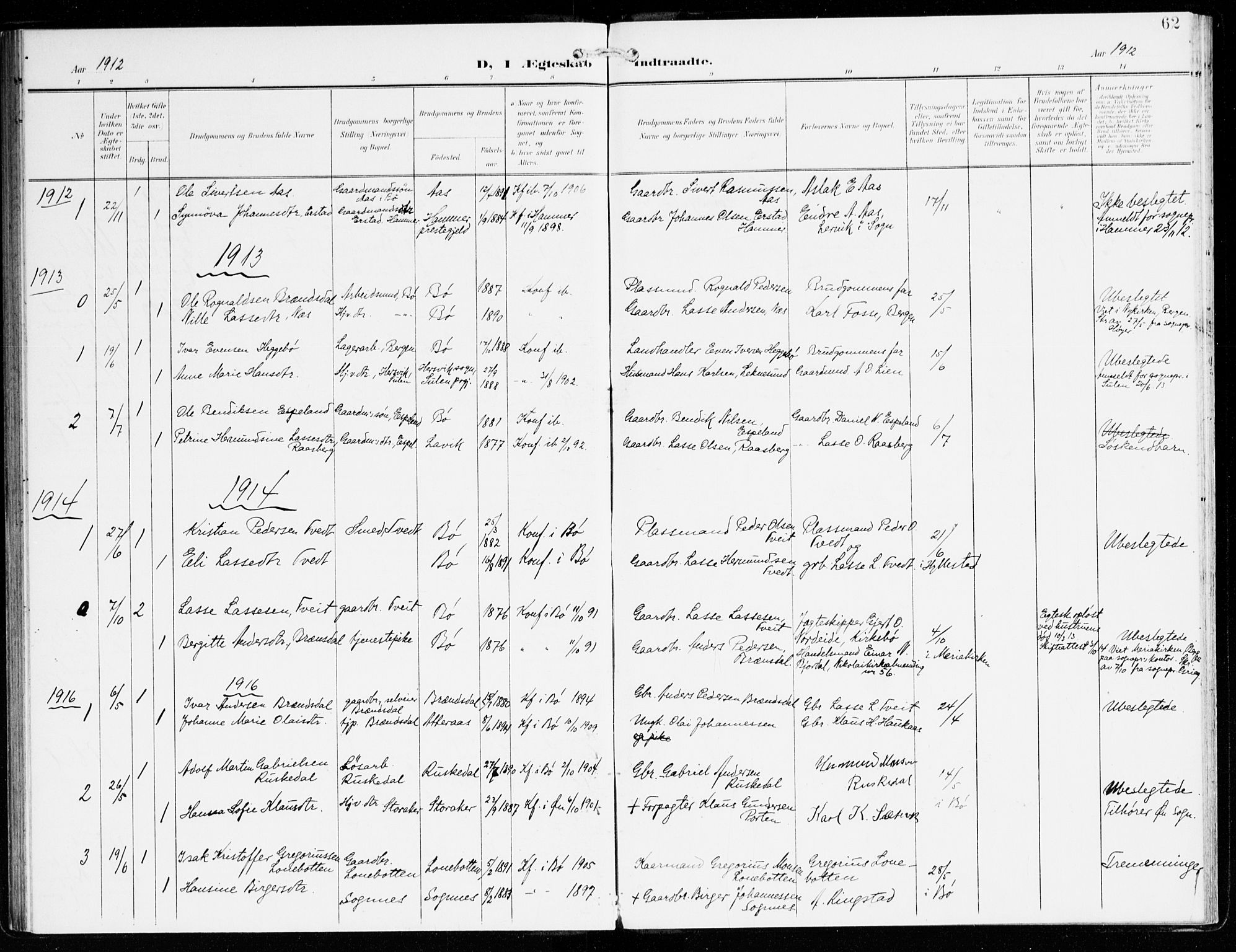 Hyllestad sokneprestembete, SAB/A-80401: Parish register (official) no. C 2, 1904-1917, p. 62