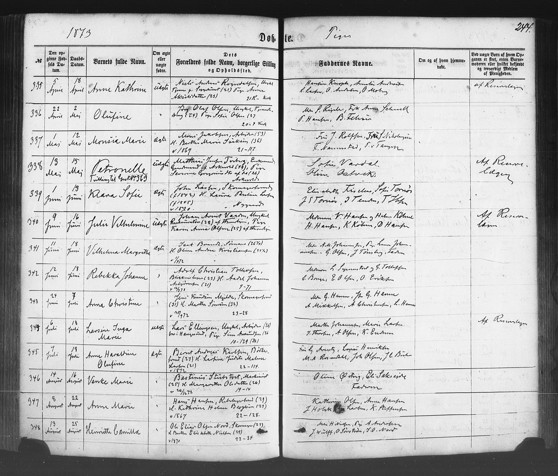 Fødselsstiftelsens sokneprestembete*, SAB/-: Parish register (official) no. A 1, 1863-1883, p. 244
