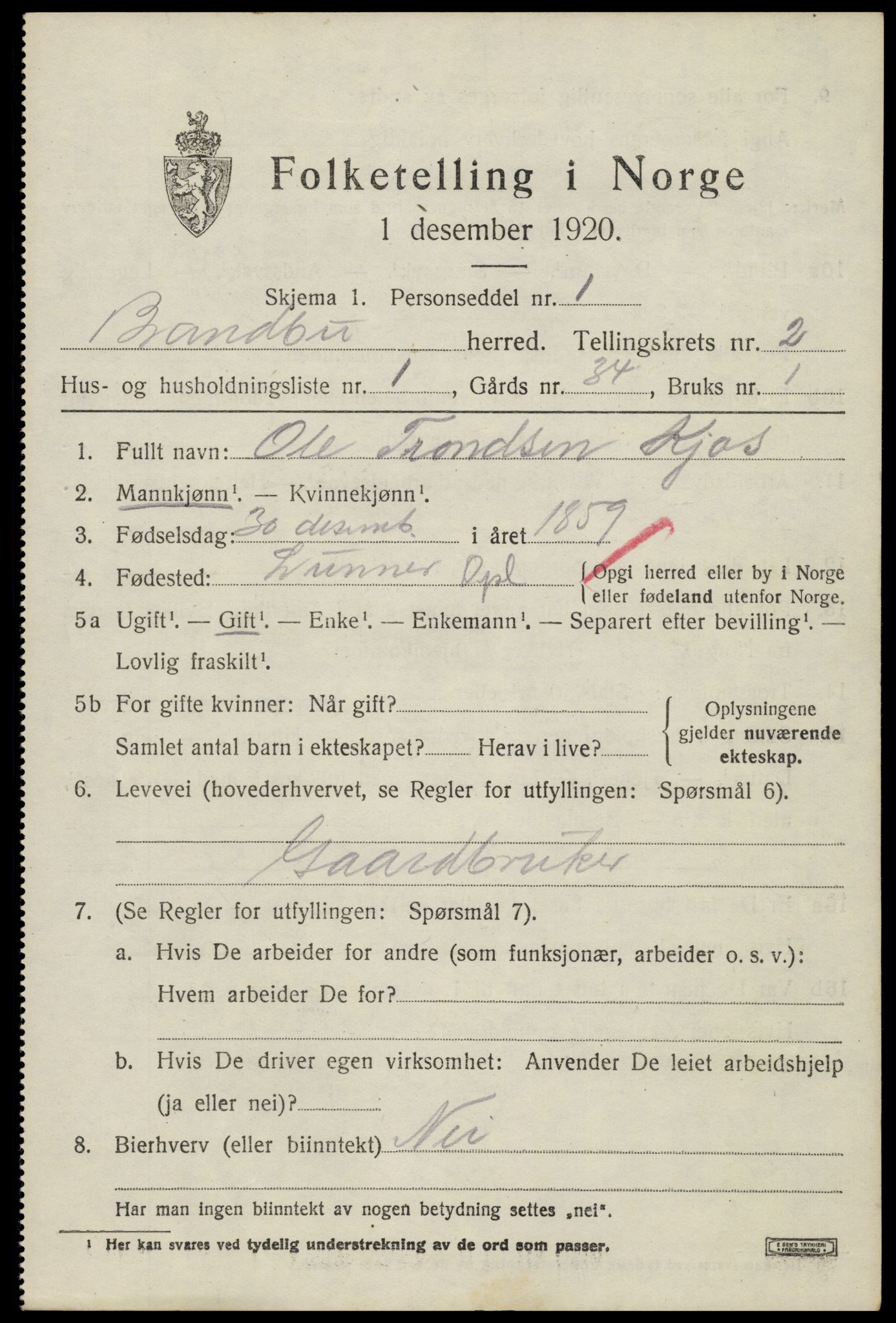 SAH, 1920 census for Brandbu, 1920, p. 3477