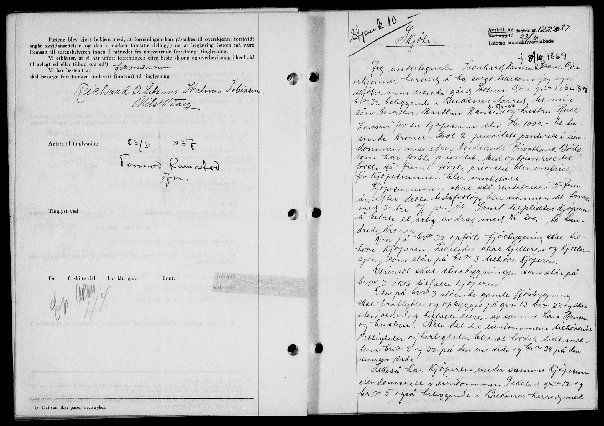 Lofoten sorenskriveri, SAT/A-0017/1/2/2C/L0002a: Mortgage book no. 2a, 1937-1937, Diary no: : 1222/1937