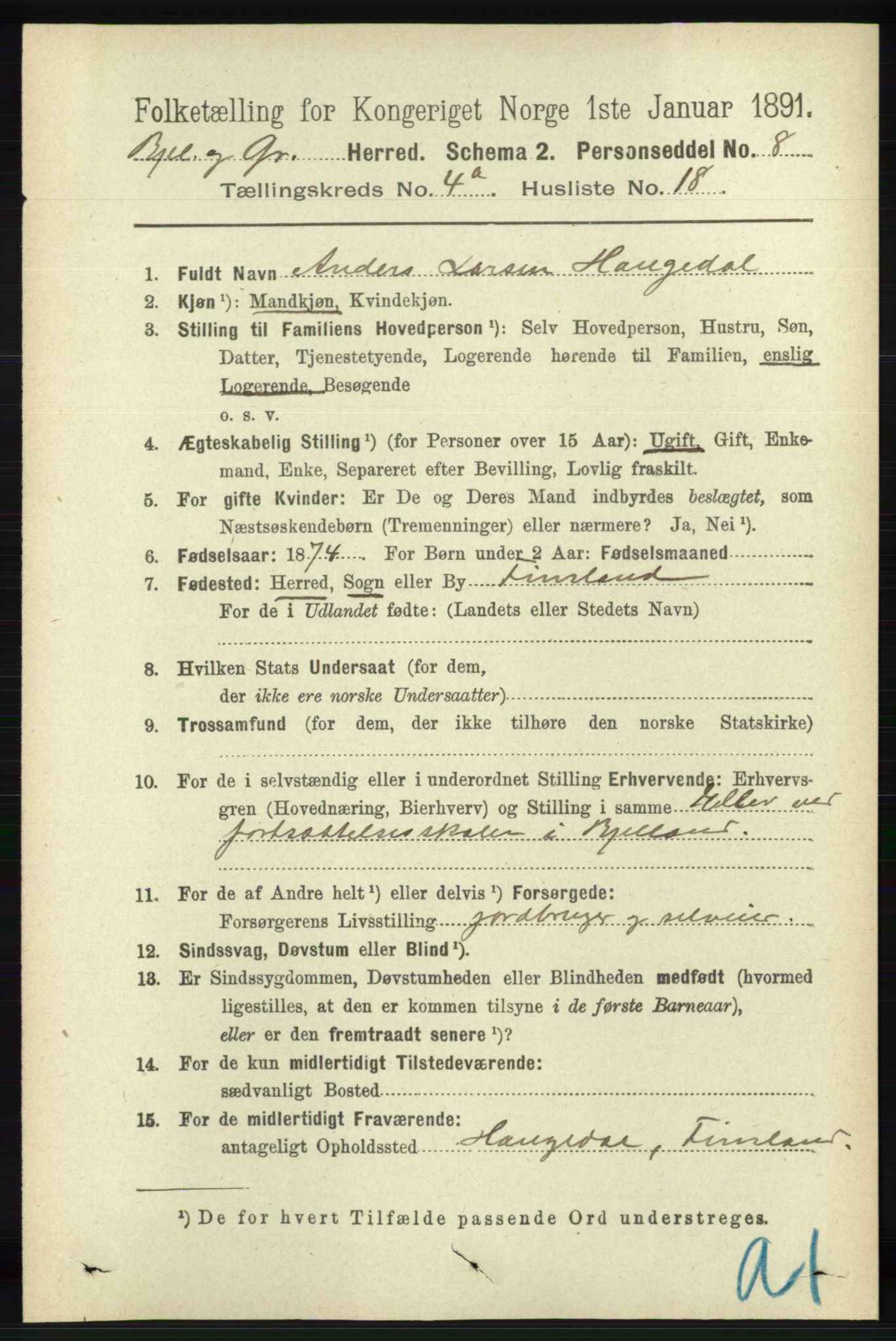 RA, 1891 census for 1024 Bjelland og Grindheim, 1891, p. 2204