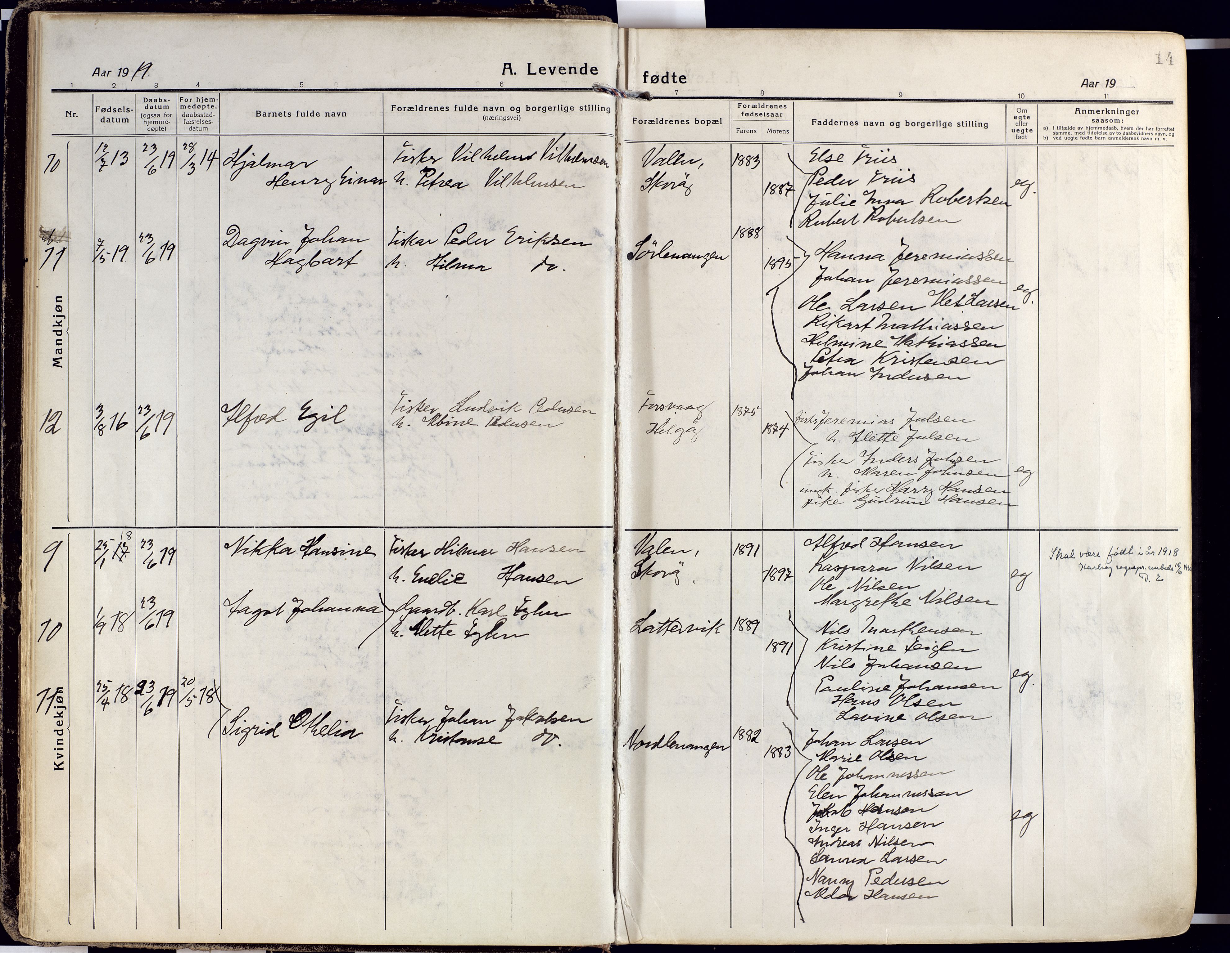 Karlsøy sokneprestembete, AV/SATØ-S-1299/H/Ha/Haa/L0015kirke: Parish register (official) no. 15, 1918-1929, p. 14