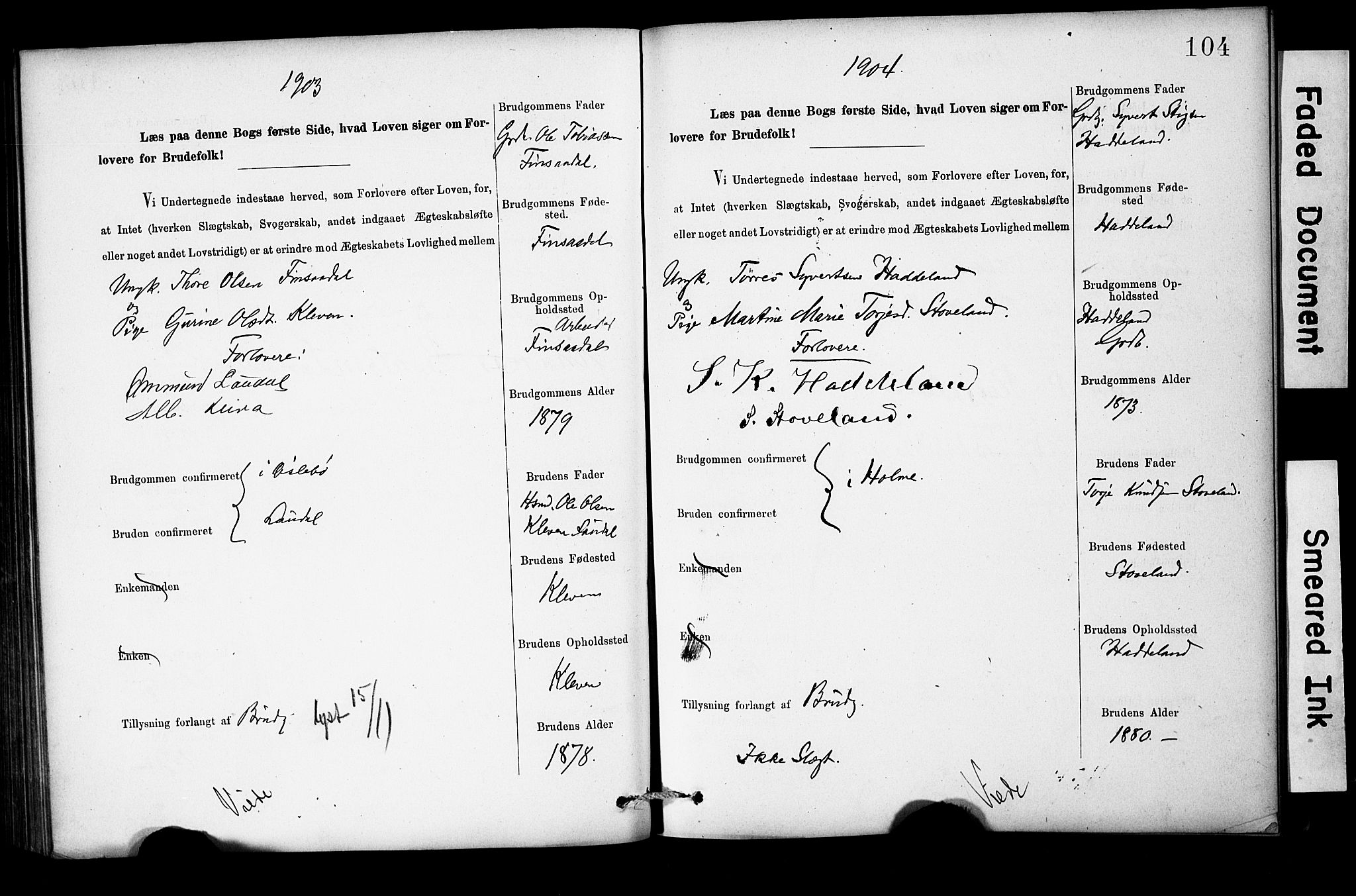 Holum sokneprestkontor, SAK/1111-0022/F/Fe/L0004: Banns register no. II 5 4, 1890-1914, p. 104