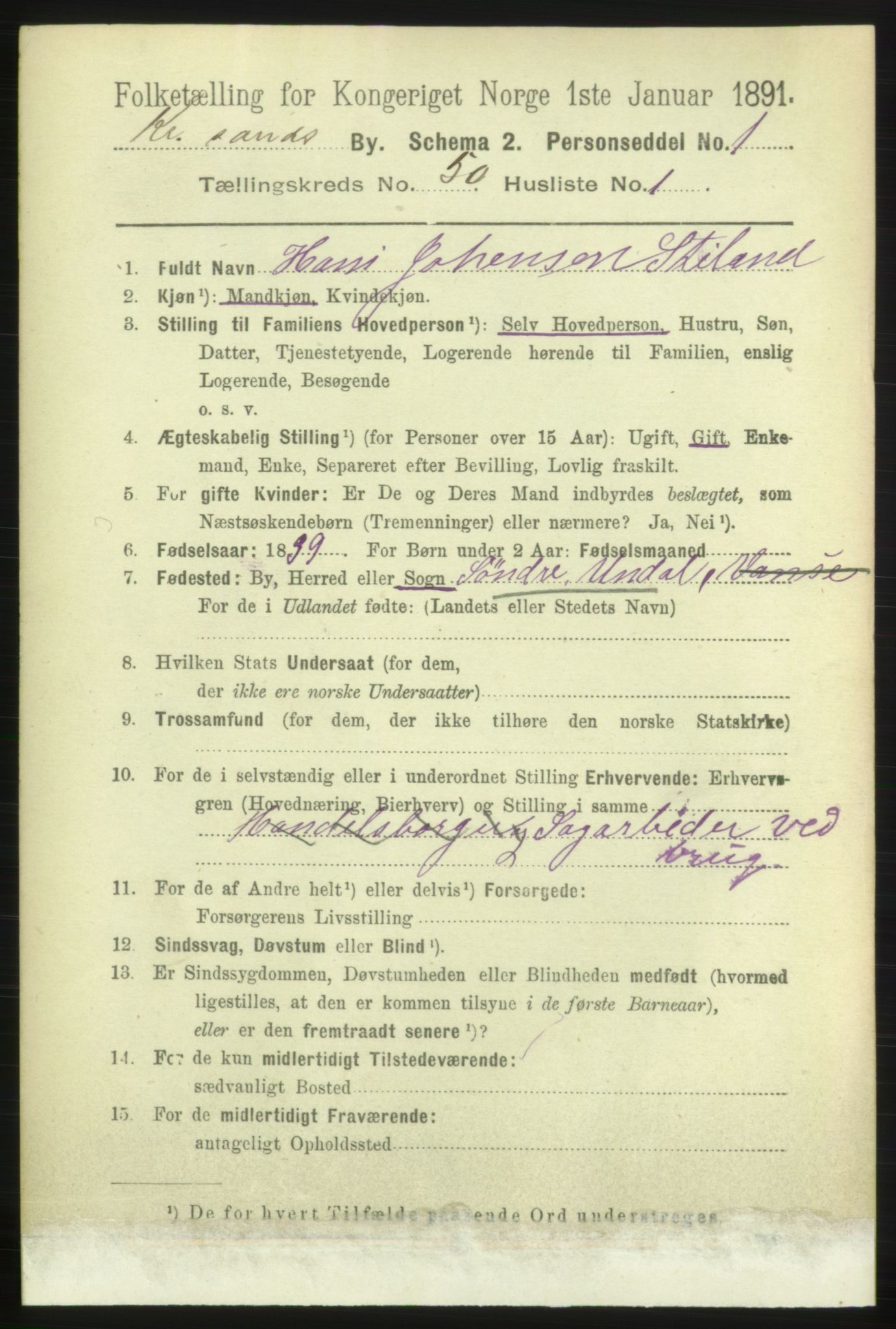 RA, 1891 census for 1001 Kristiansand, 1891, p. 14886