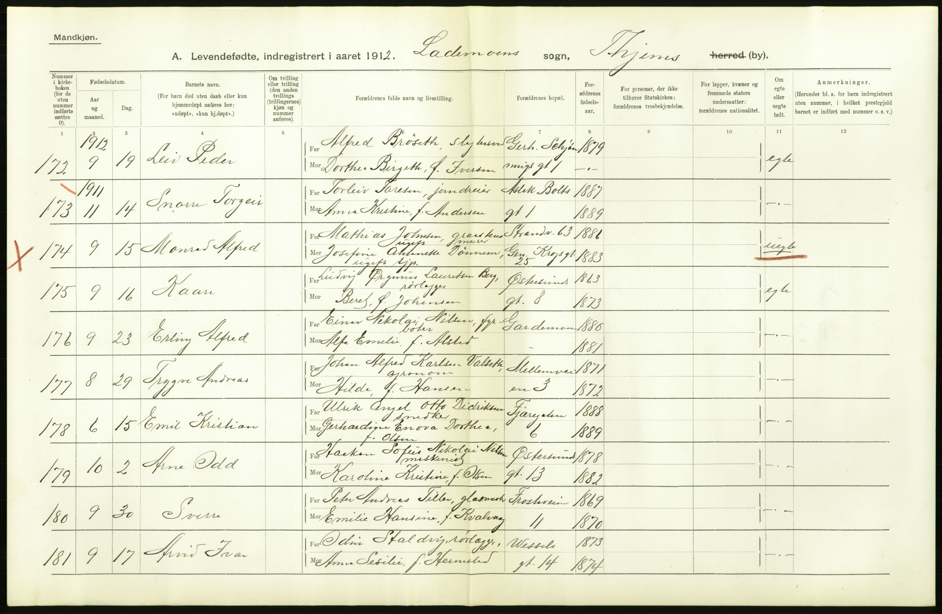 Statistisk sentralbyrå, Sosiodemografiske emner, Befolkning, AV/RA-S-2228/D/Df/Dfb/Dfbb/L0043: Trondhjem: Levendefødte menn og kvinner, gifte, døde, dødfødte., 1912, p. 30