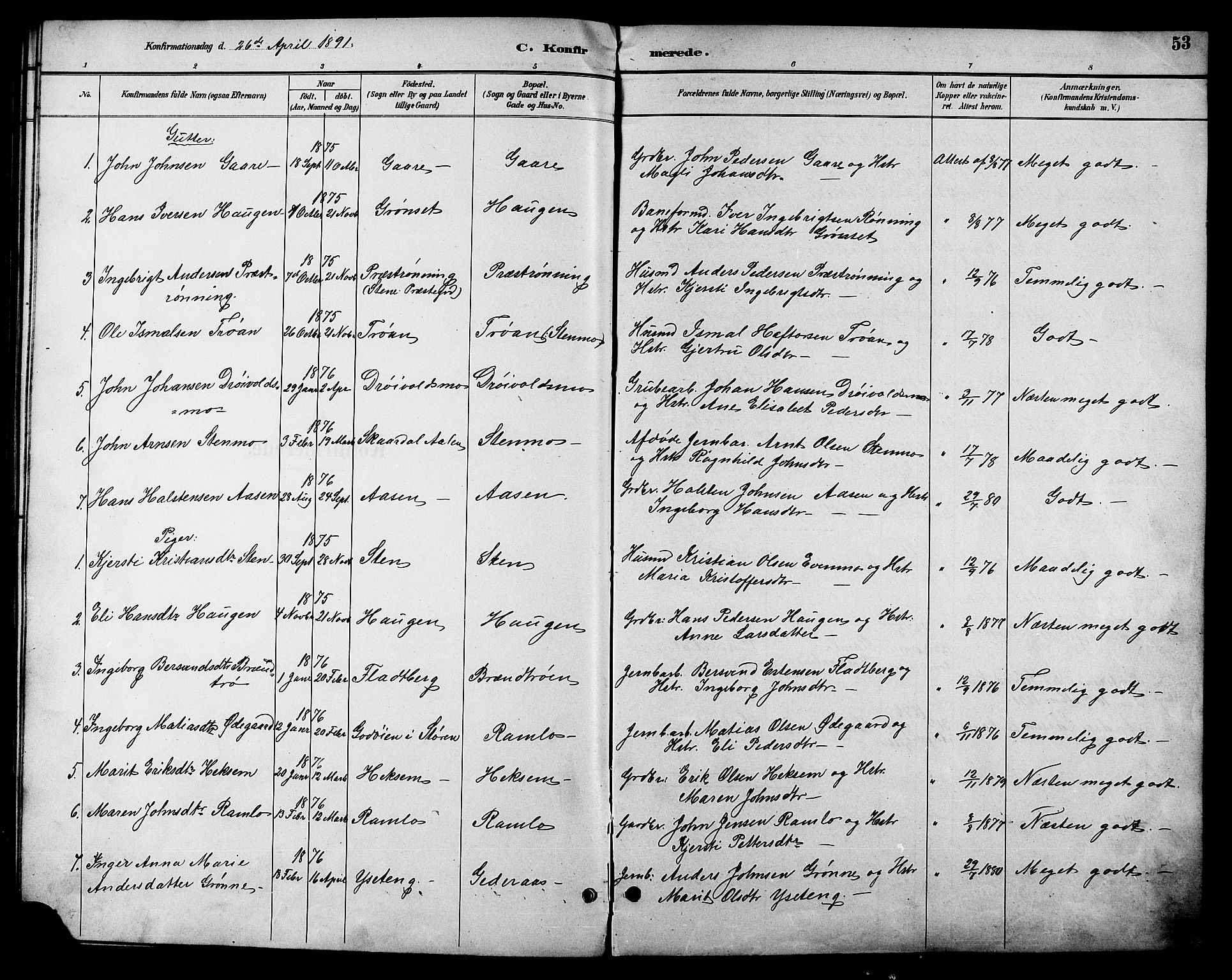 Ministerialprotokoller, klokkerbøker og fødselsregistre - Sør-Trøndelag, SAT/A-1456/685/L0978: Parish register (copy) no. 685C03, 1891-1907, p. 53