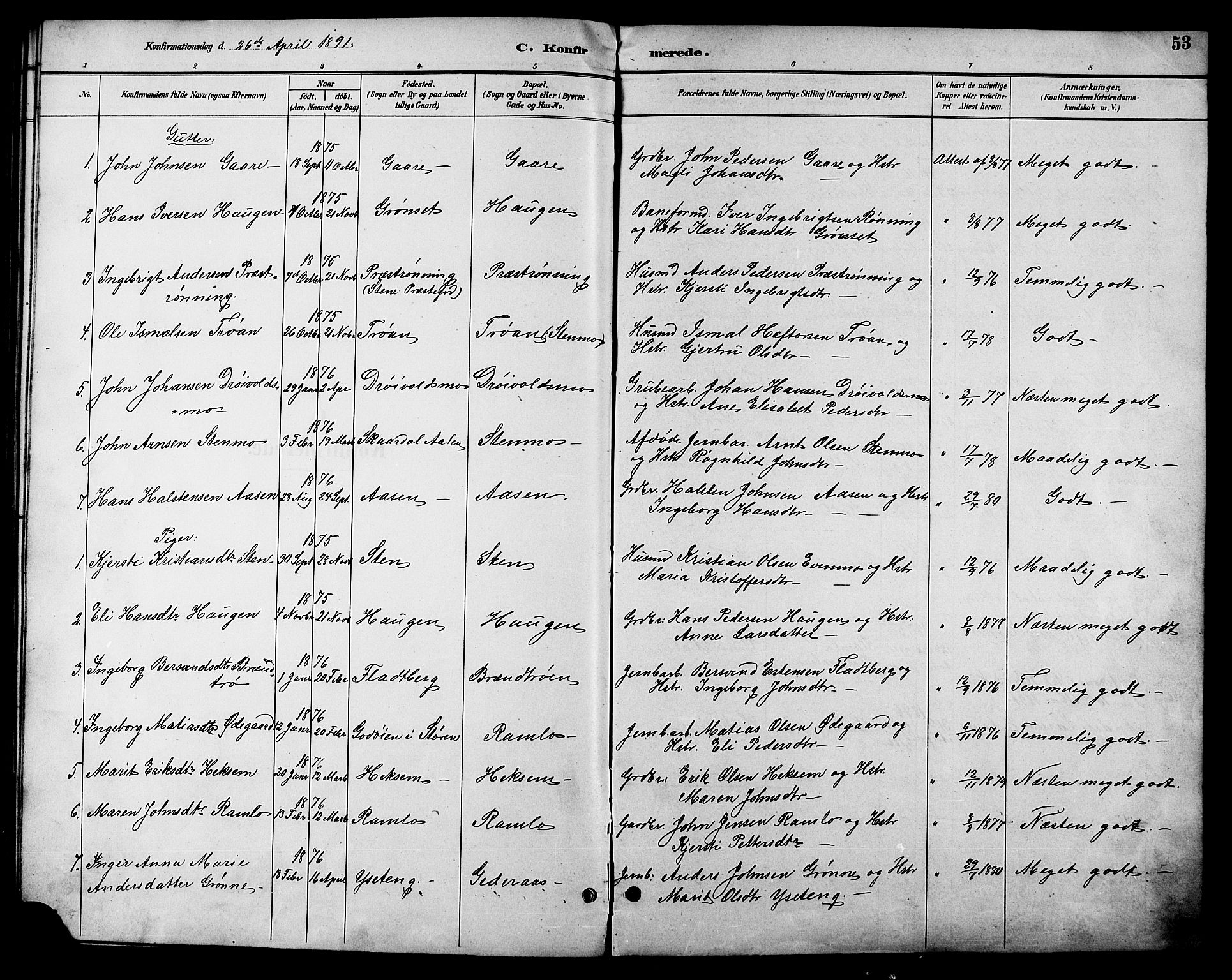 Ministerialprotokoller, klokkerbøker og fødselsregistre - Sør-Trøndelag, AV/SAT-A-1456/685/L0978: Parish register (copy) no. 685C03, 1891-1907, p. 53