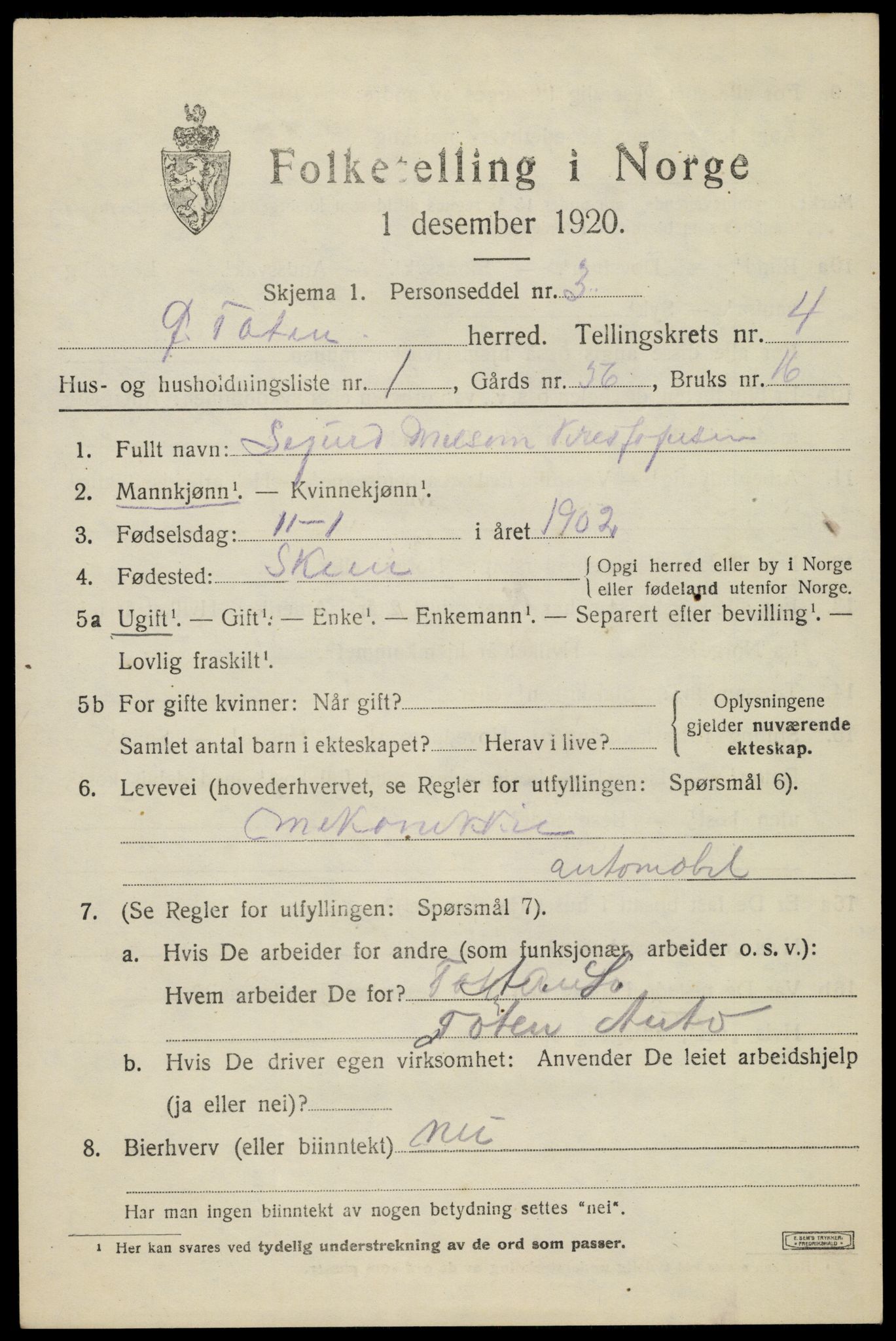 SAH, 1920 census for Østre Toten, 1920, p. 8572