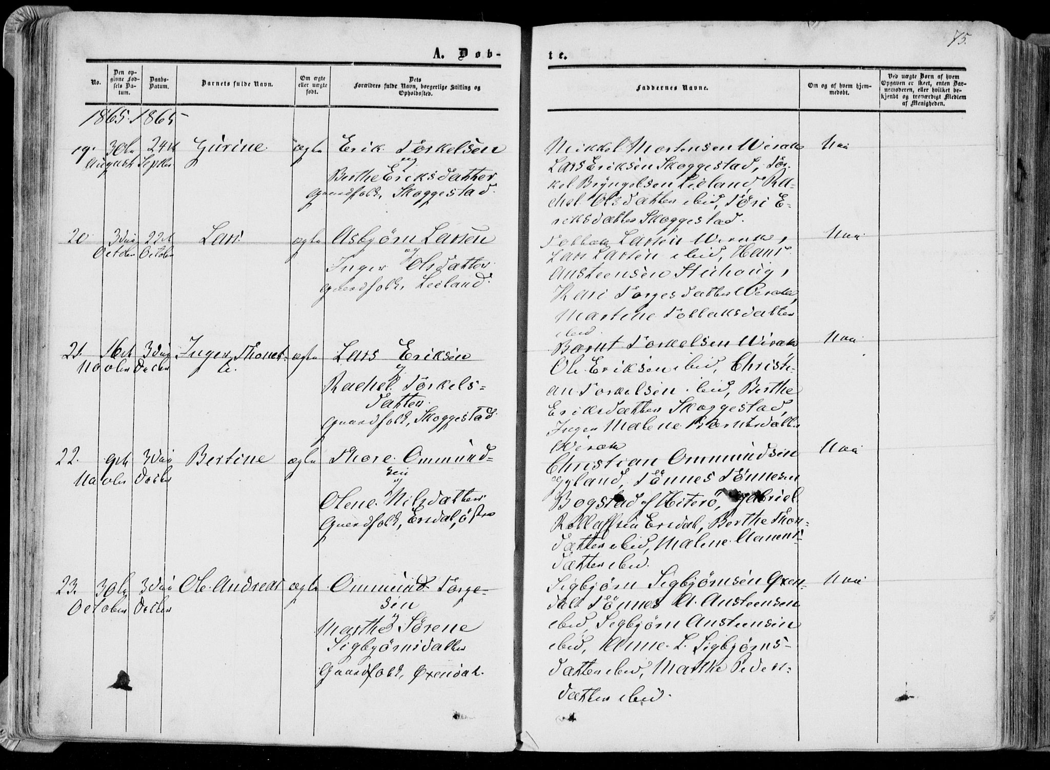 Bakke sokneprestkontor, AV/SAK-1111-0002/F/Fa/Faa/L0006: Parish register (official) no. A 6, 1855-1877, p. 75