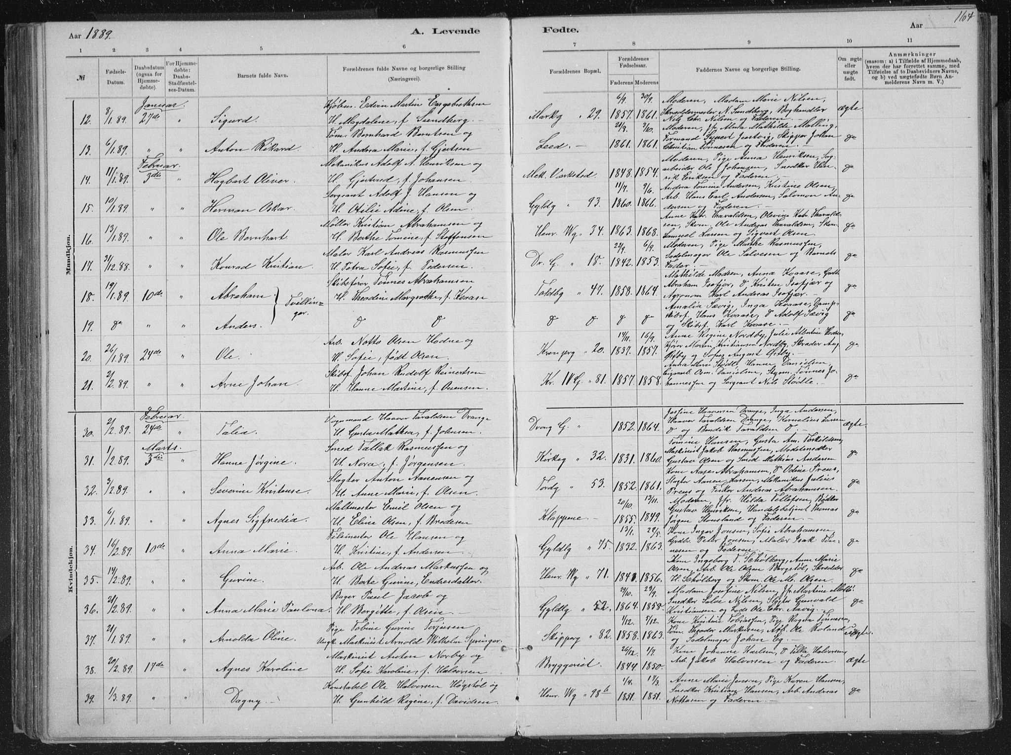 Kristiansand domprosti, AV/SAK-1112-0006/F/Fb/L0014: Parish register (copy) no. B 14, 1881-1896, p. 164