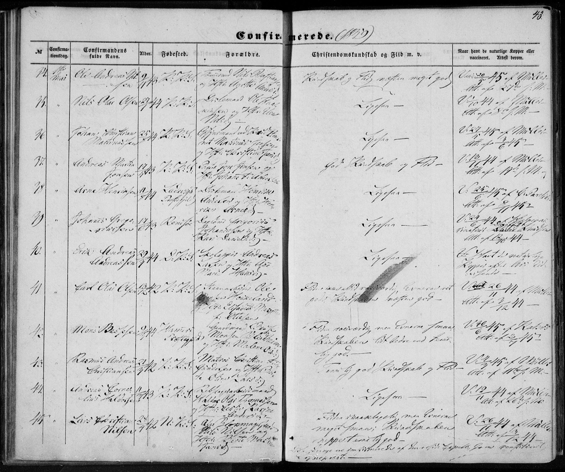 Korskirken sokneprestembete, SAB/A-76101/H/Haa/L0027: Parish register (official) no. C 3, 1854-1868, p. 43