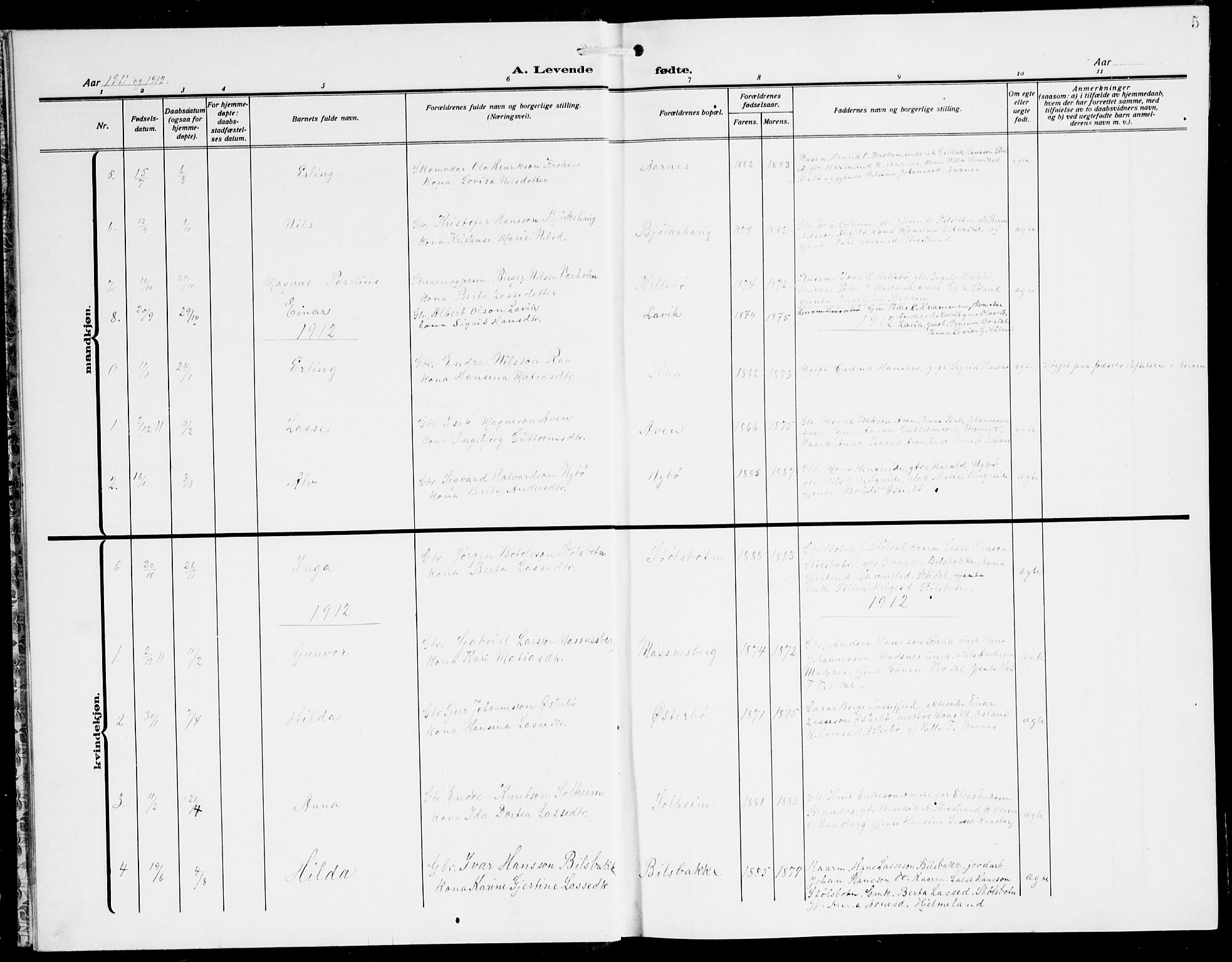 Lavik sokneprestembete, AV/SAB-A-80901: Parish register (copy) no. A 3, 1911-1942, p. 5