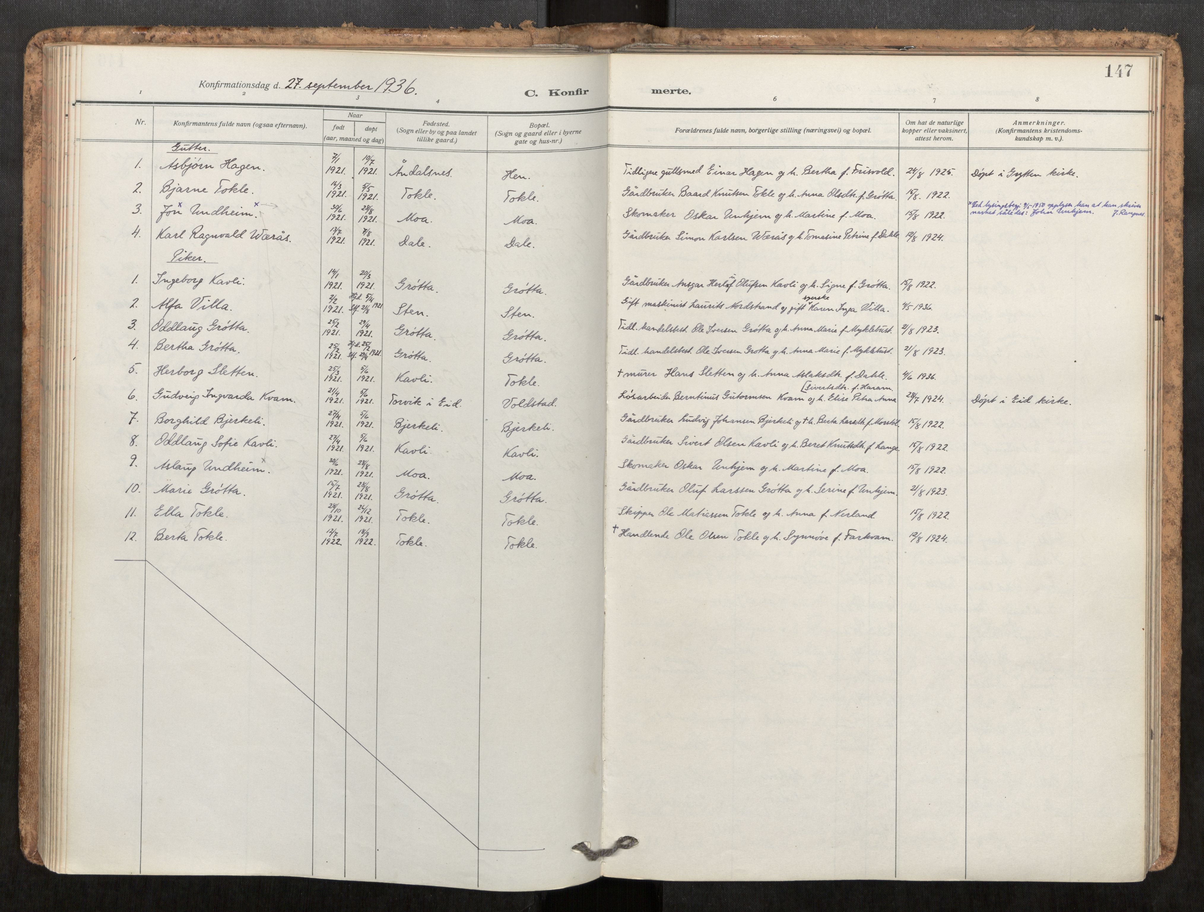 Ministerialprotokoller, klokkerbøker og fødselsregistre - Møre og Romsdal, SAT/A-1454/545/L0596: Parish register (official) no. 545A04, 1921-1956, p. 147