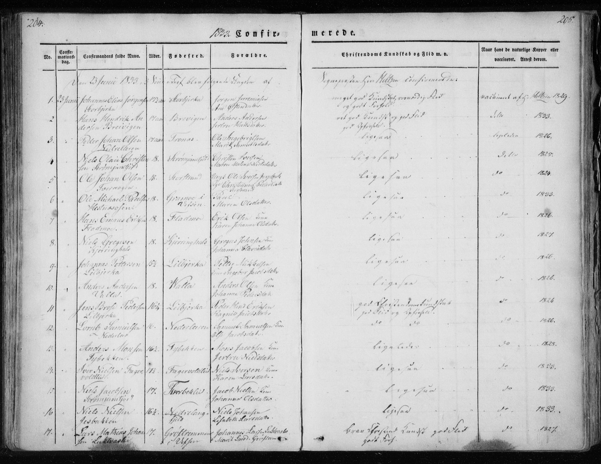 Ministerialprotokoller, klokkerbøker og fødselsregistre - Nordland, SAT/A-1459/825/L0354: Parish register (official) no. 825A08, 1826-1841, p. 204-205