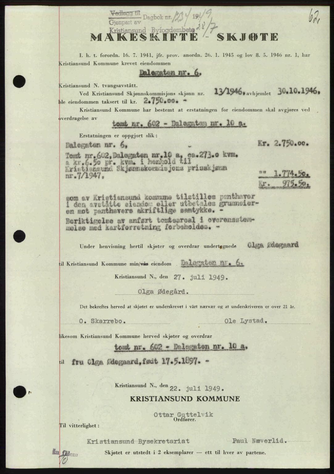 Kristiansund byfogd, AV/SAT-A-4587/A/27: Mortgage book no. 46, 1949-1950, Diary no: : 1234/1949