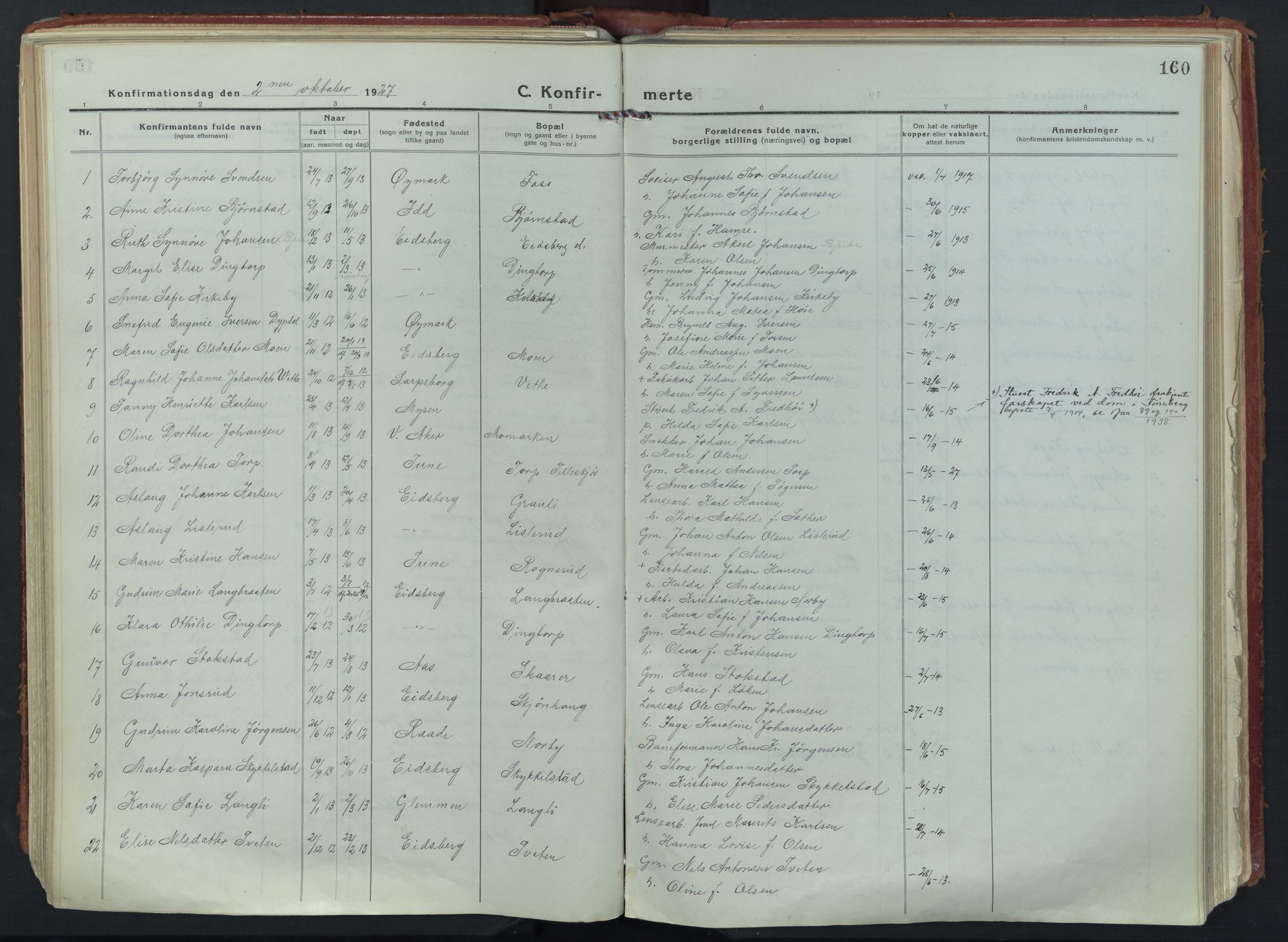 Eidsberg prestekontor Kirkebøker, SAO/A-10905/F/Fa/L0015: Parish register (official) no. I 15, 1920-1937, p. 160