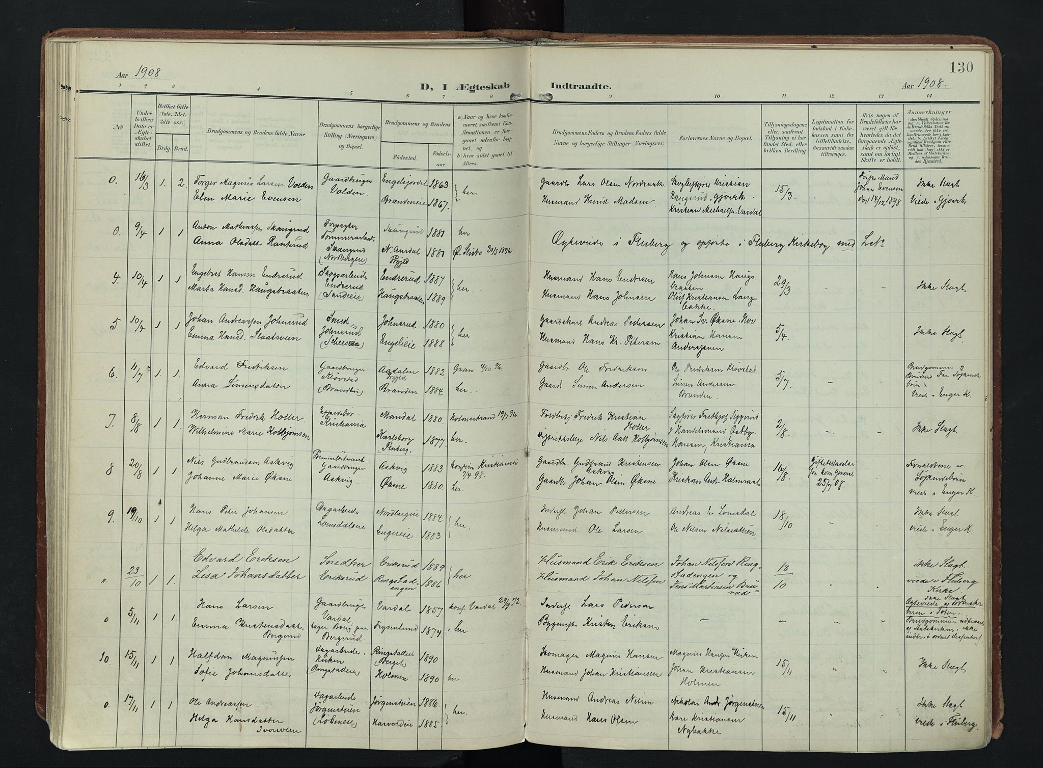 Søndre Land prestekontor, AV/SAH-PREST-122/K/L0007: Parish register (official) no. 7, 1905-1914, p. 130