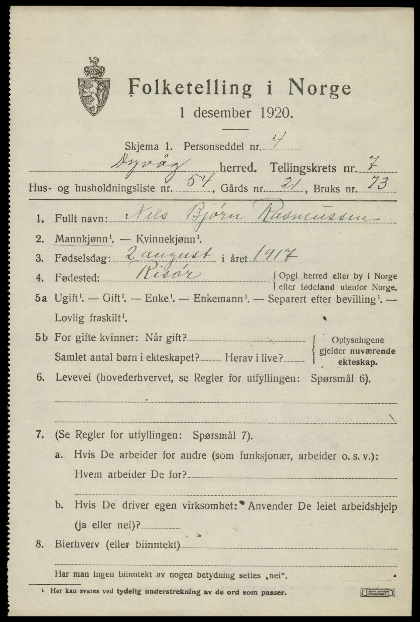 SAK, 1920 census for Dypvåg, 1920, p. 6205