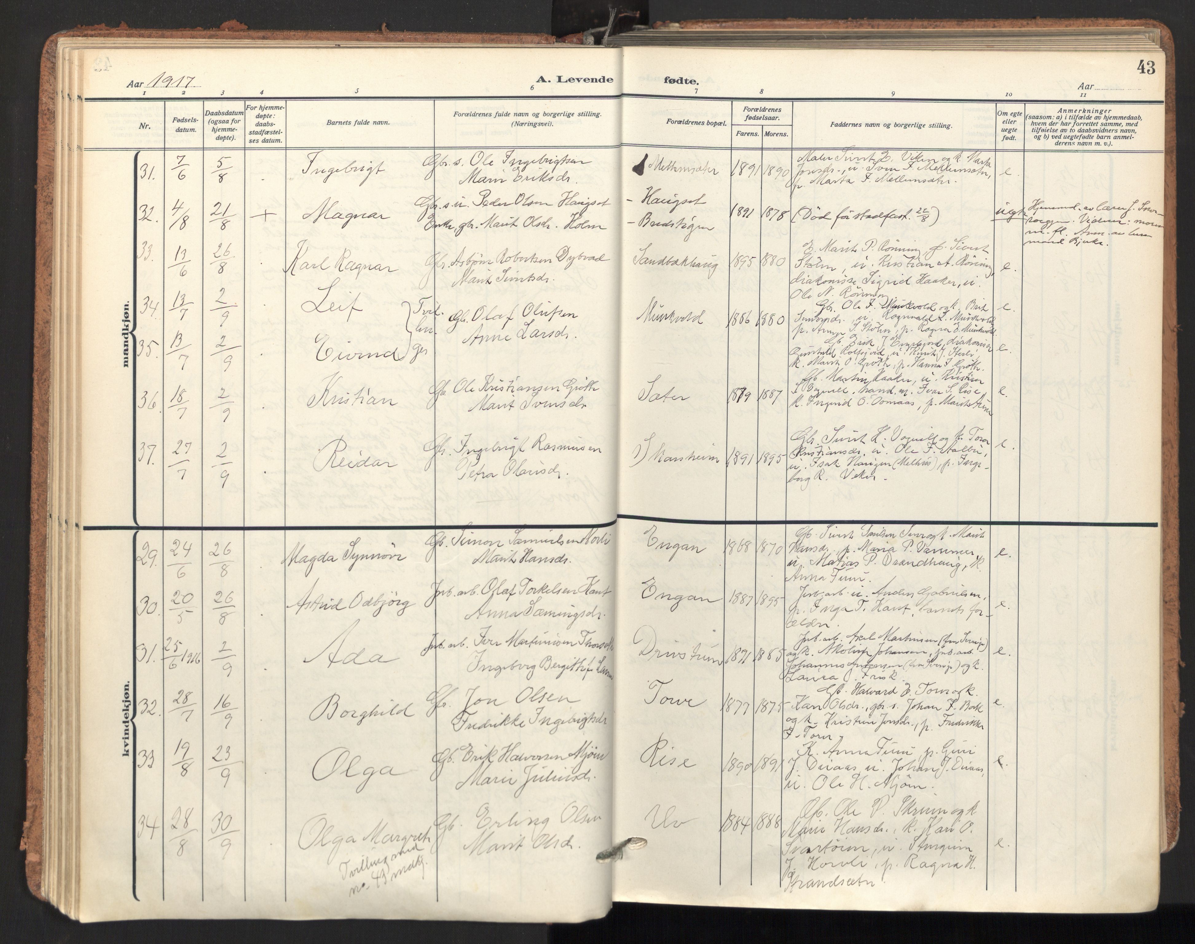 Ministerialprotokoller, klokkerbøker og fødselsregistre - Sør-Trøndelag, AV/SAT-A-1456/678/L0909: Parish register (official) no. 678A17, 1912-1930, p. 43