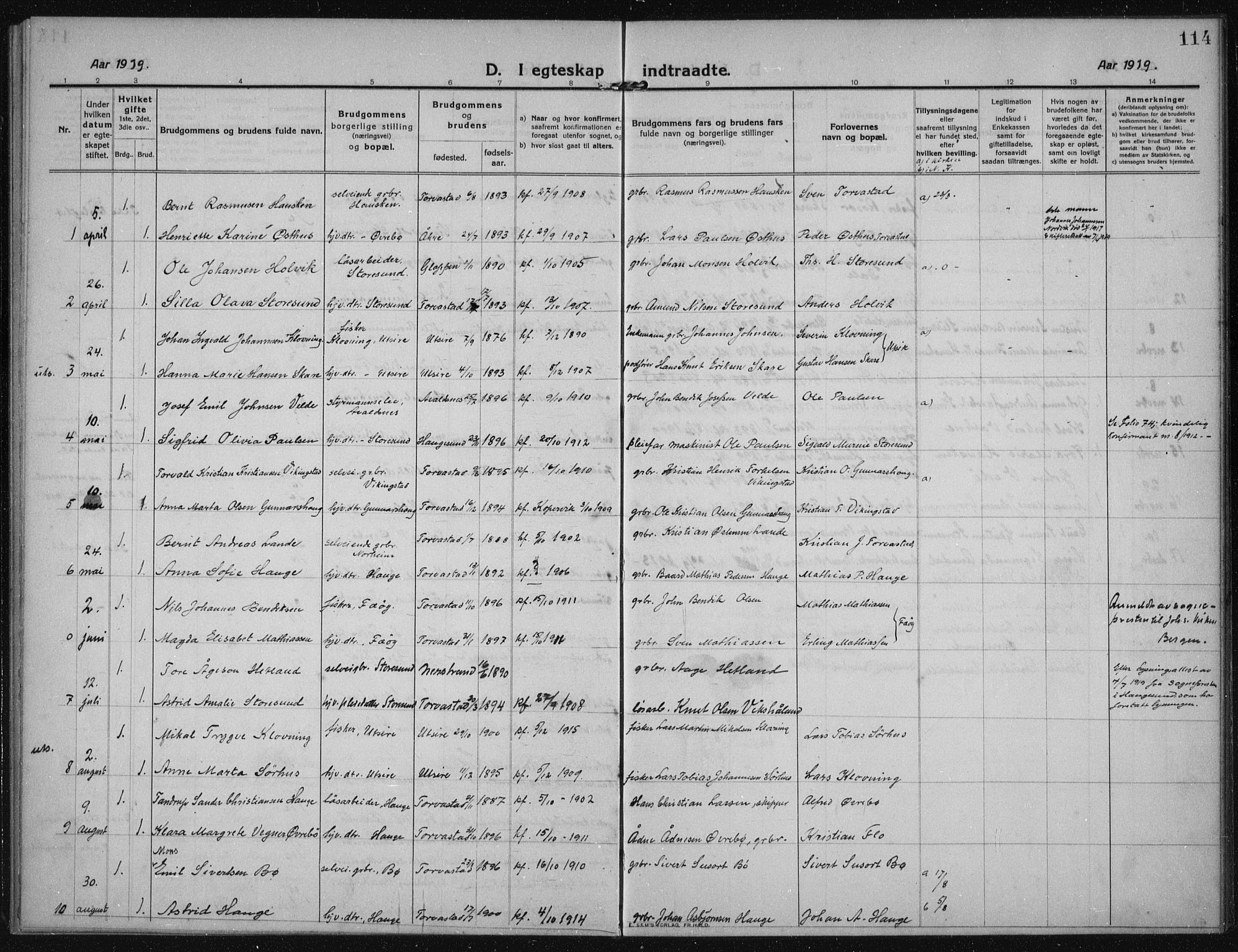 Torvastad sokneprestkontor, SAST/A -101857/H/Ha/Haa/L0019: Parish register (official) no. A 18, 1912-1920, p. 114