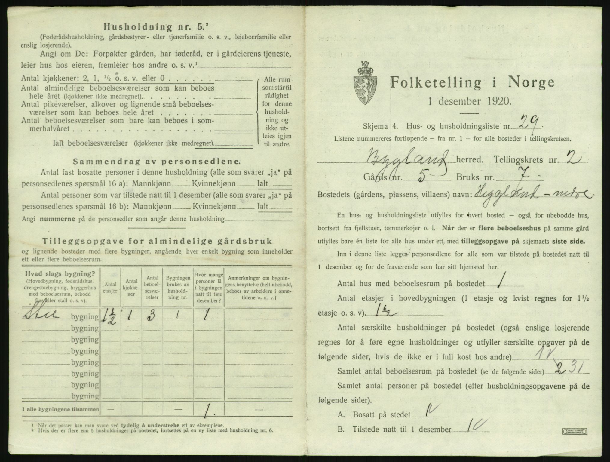 SAK, 1920 census for Bygland, 1920, p. 163