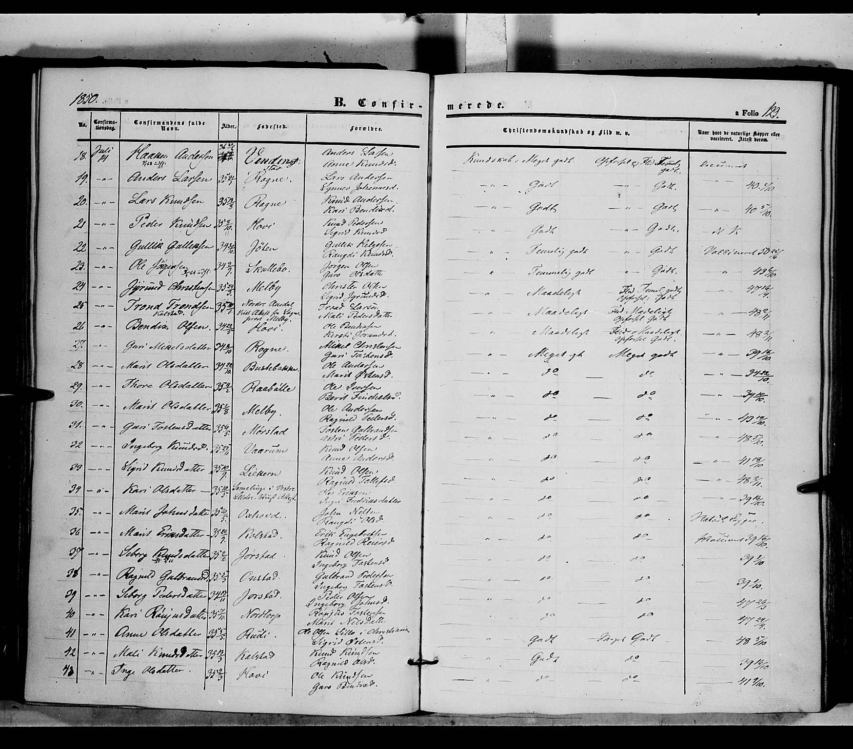 Øystre Slidre prestekontor, SAH/PREST-138/H/Ha/Haa/L0001: Parish register (official) no. 1, 1849-1874, p. 123