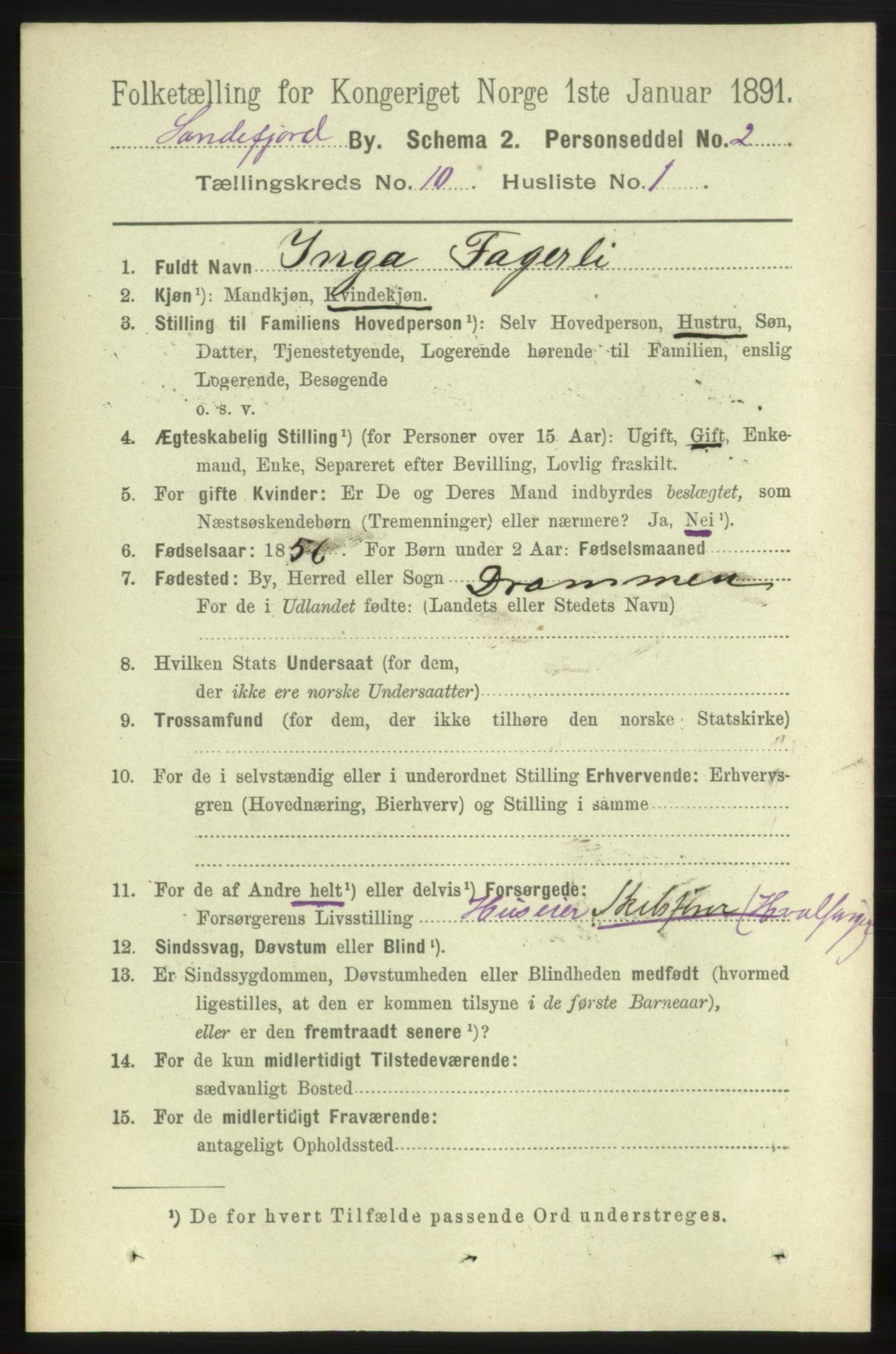 RA, 1891 census for 0706 Sandefjord, 1891, p. 3749