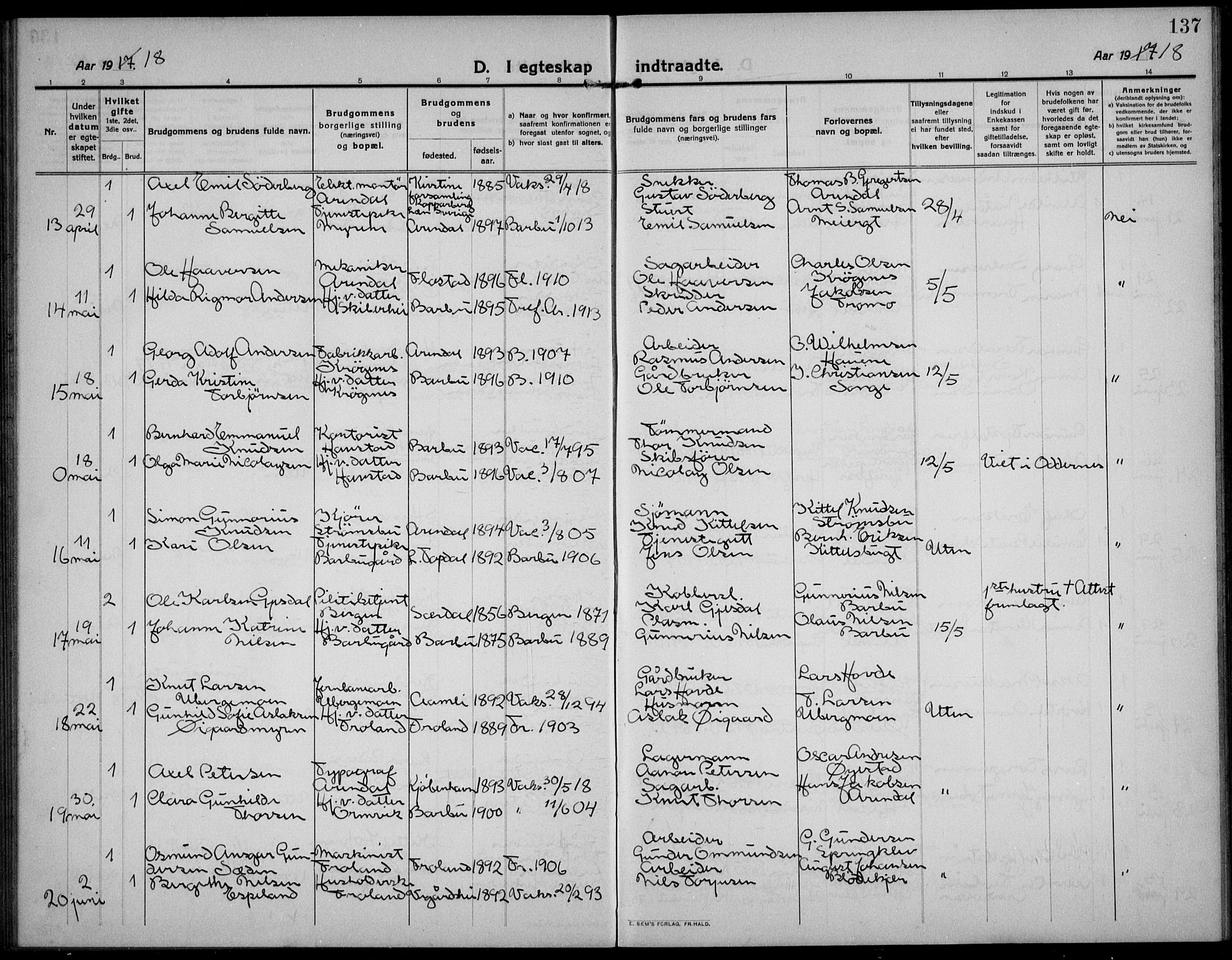 Barbu sokneprestkontor, AV/SAK-1111-0003/F/Fb/L0004: Parish register (copy) no. B 4, 1911-1936, p. 137