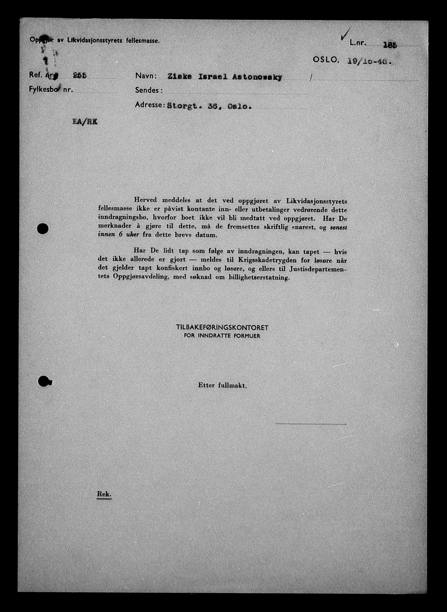 Justisdepartementet, Tilbakeføringskontoret for inndratte formuer, RA/S-1564/H/Hc/Hcc/L0918: --, 1945-1947, p. 109