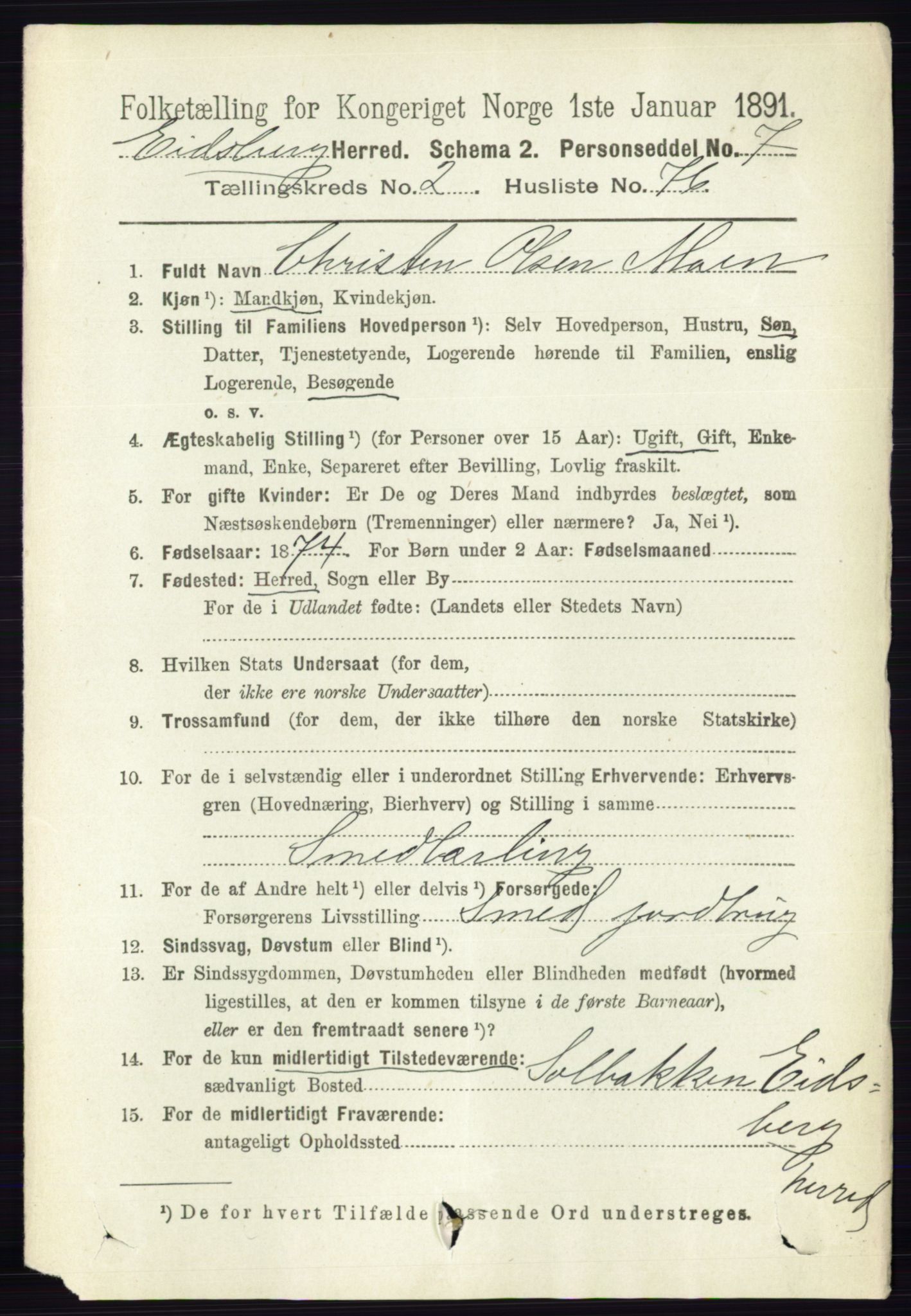 RA, 1891 census for 0125 Eidsberg, 1891, p. 1313