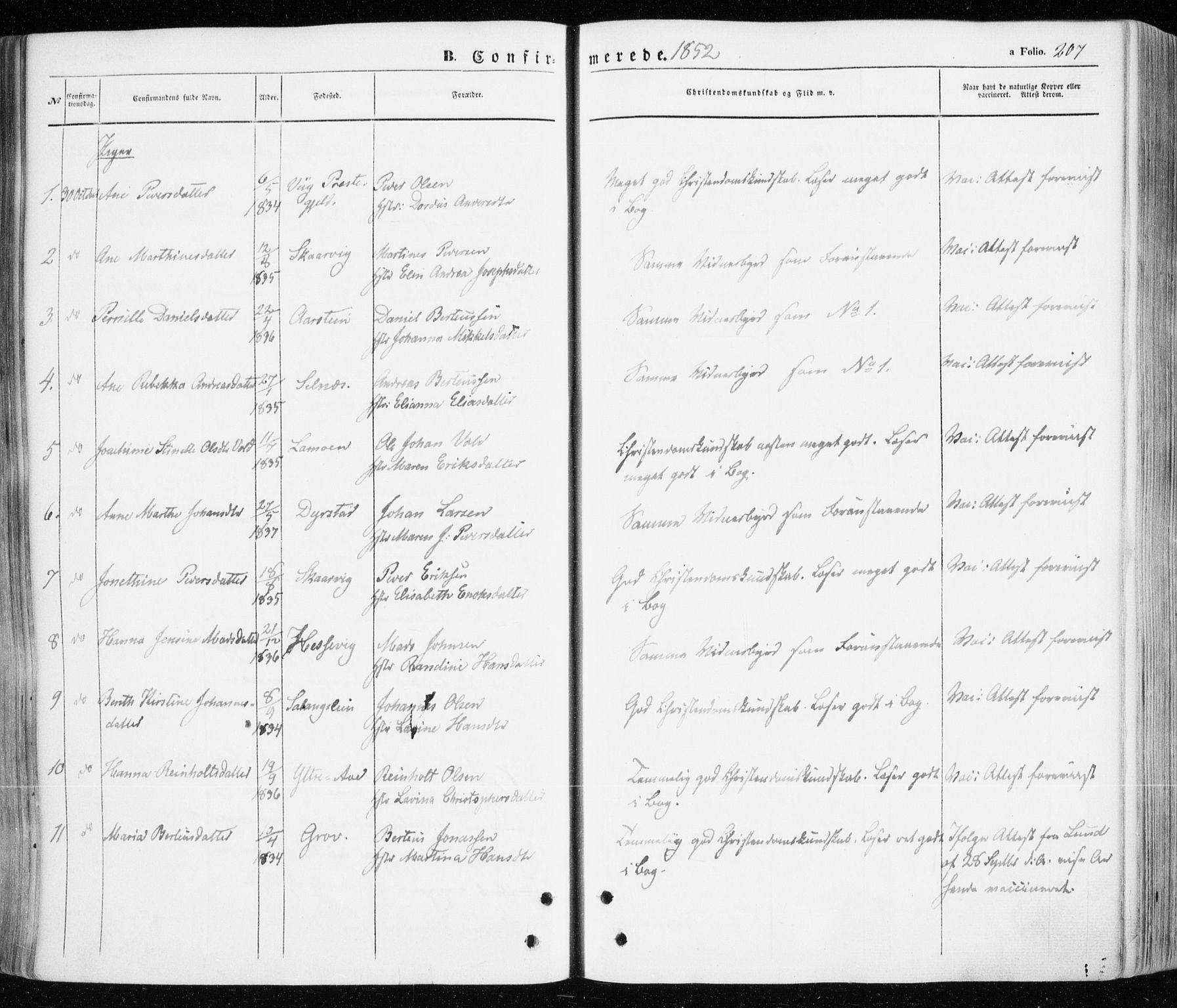 Ibestad sokneprestembete, SATØ/S-0077/H/Ha/Haa/L0008kirke: Parish register (official) no. 8, 1850-1859, p. 207