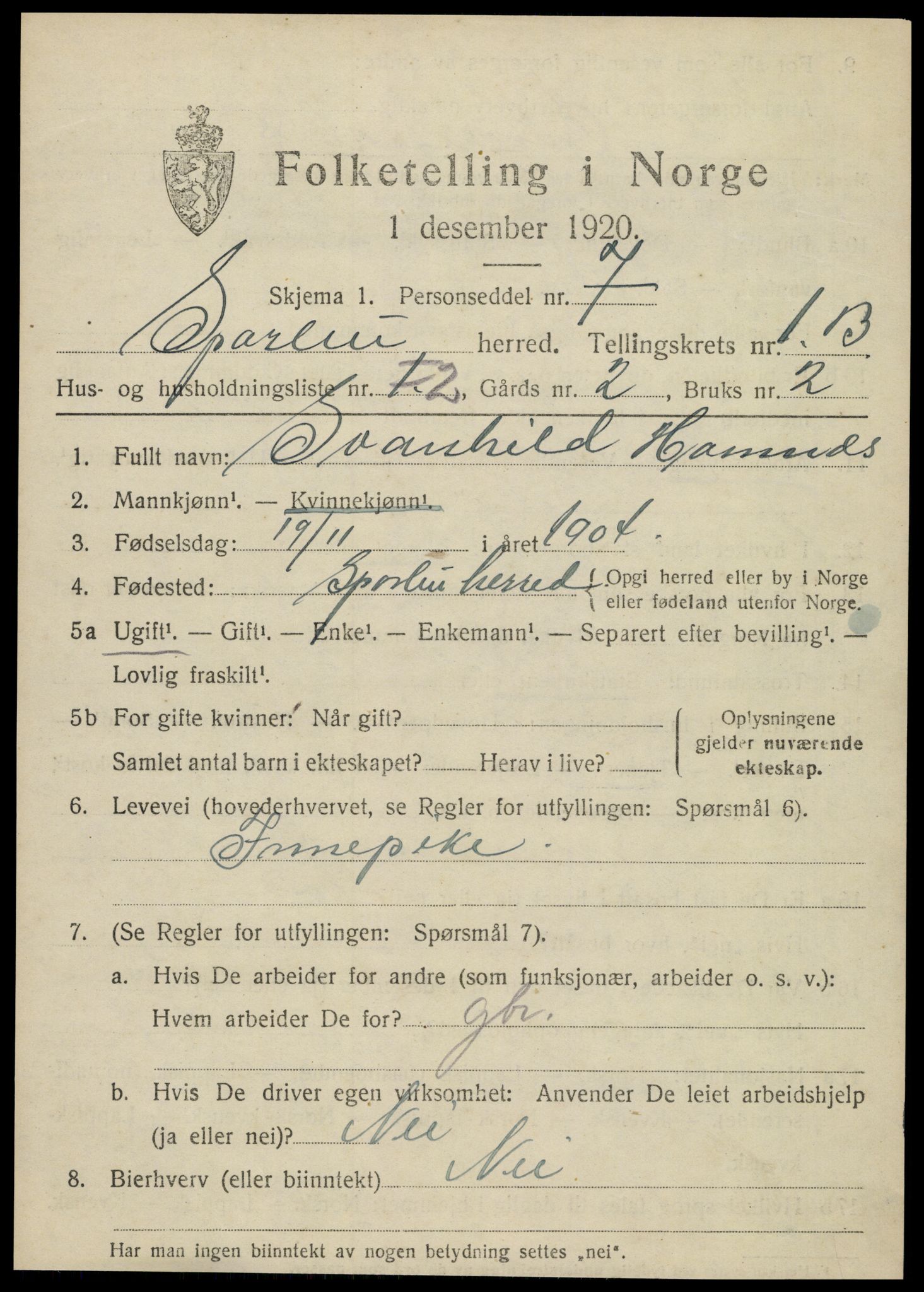 SAT, 1920 census for Sparbu, 1920, p. 1957