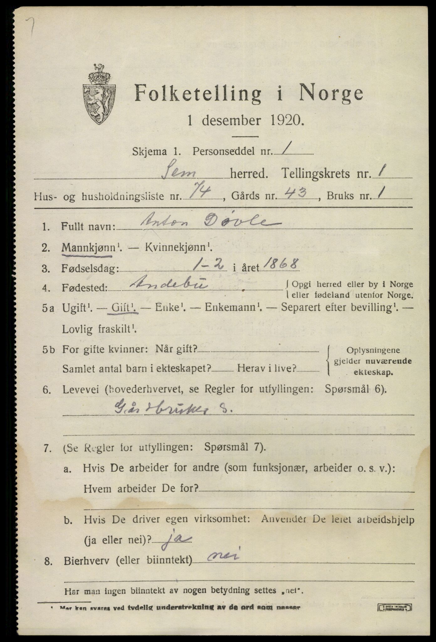 SAKO, 1920 census for Sem, 1920, p. 3559
