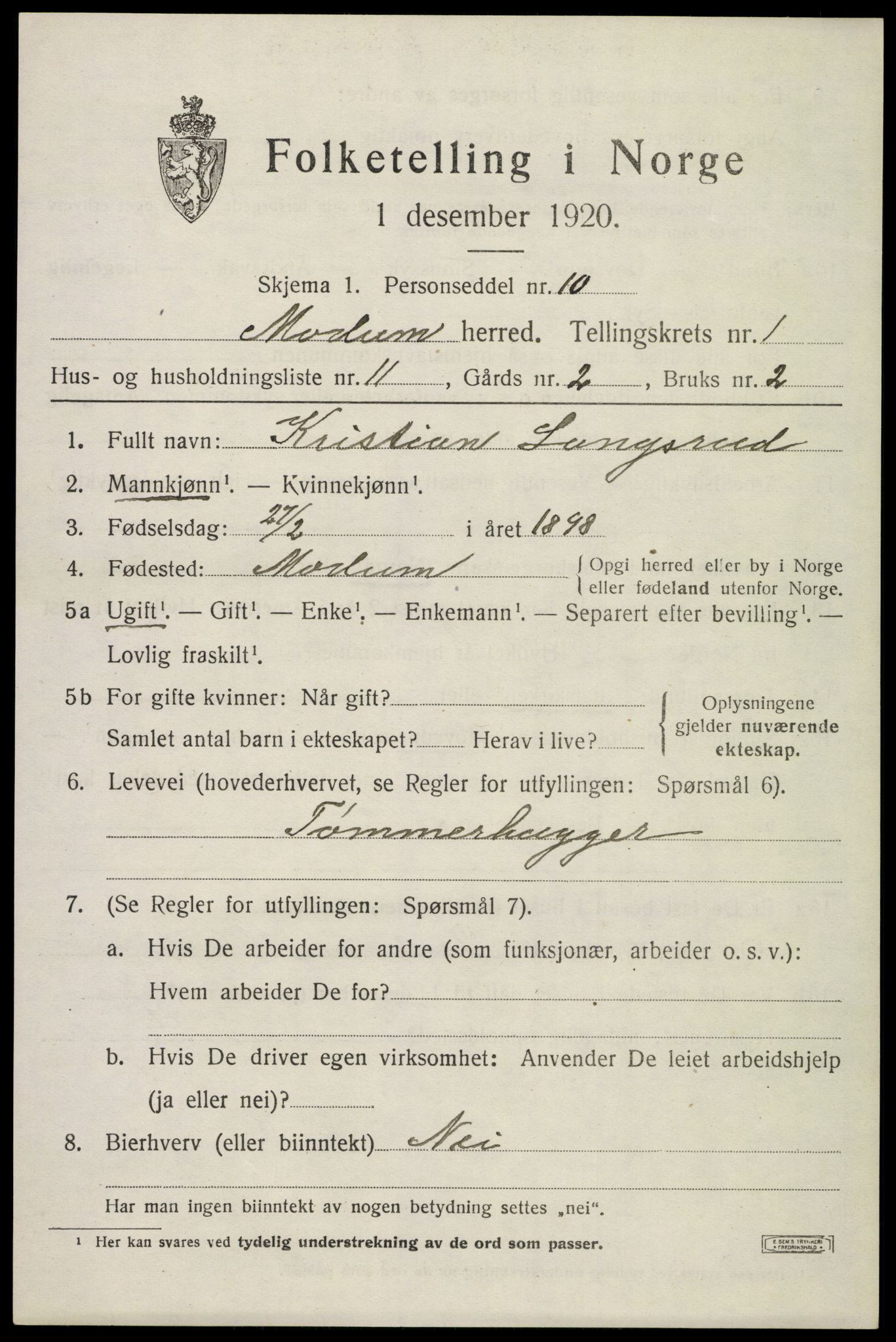 SAKO, 1920 census for Modum, 1920, p. 4215
