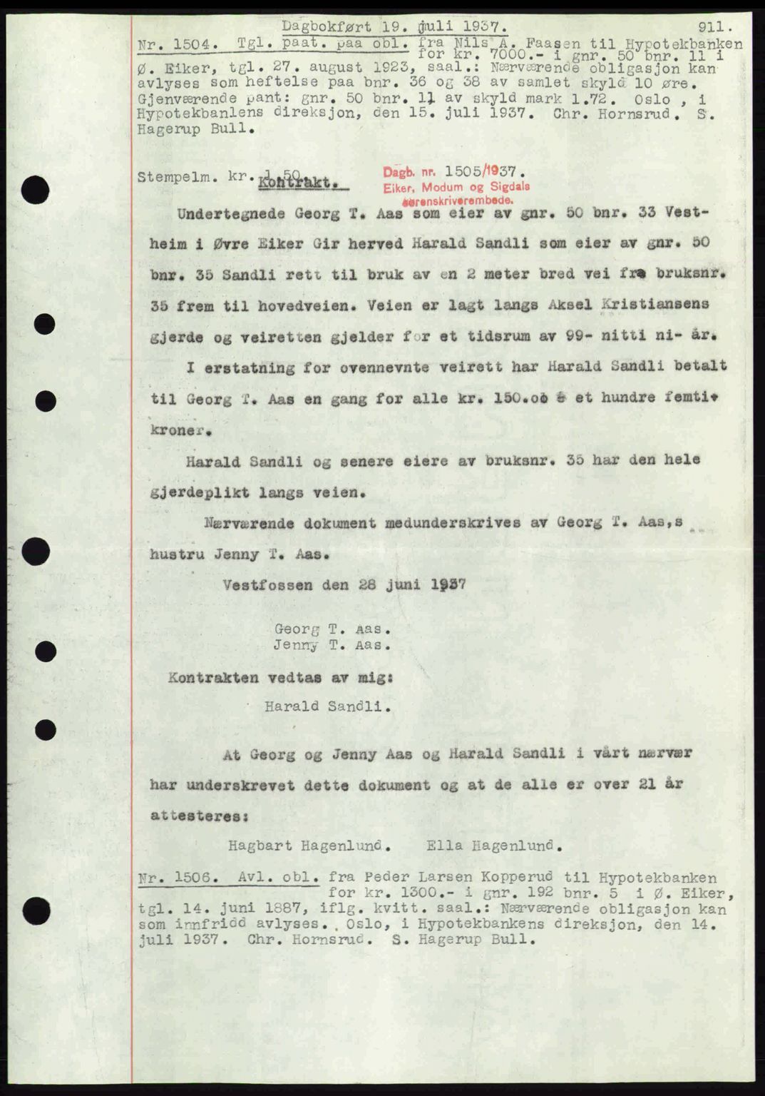 Eiker, Modum og Sigdal sorenskriveri, SAKO/A-123/G/Ga/Gab/L0035: Mortgage book no. A5, 1937-1937, Diary no: : 1505/1937