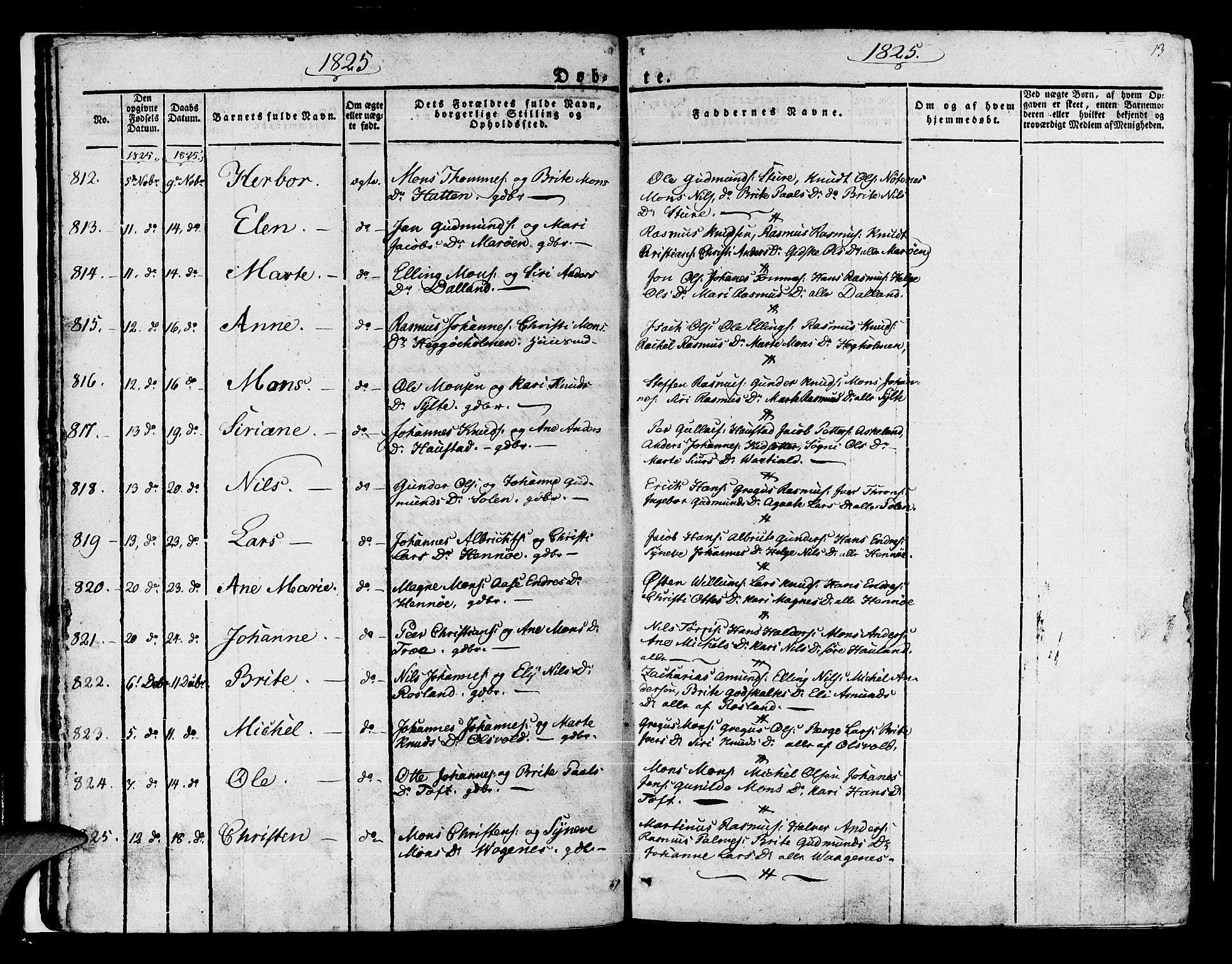 Manger sokneprestembete, AV/SAB-A-76801/H/Haa: Parish register (official) no. A 4, 1824-1838, p. 13