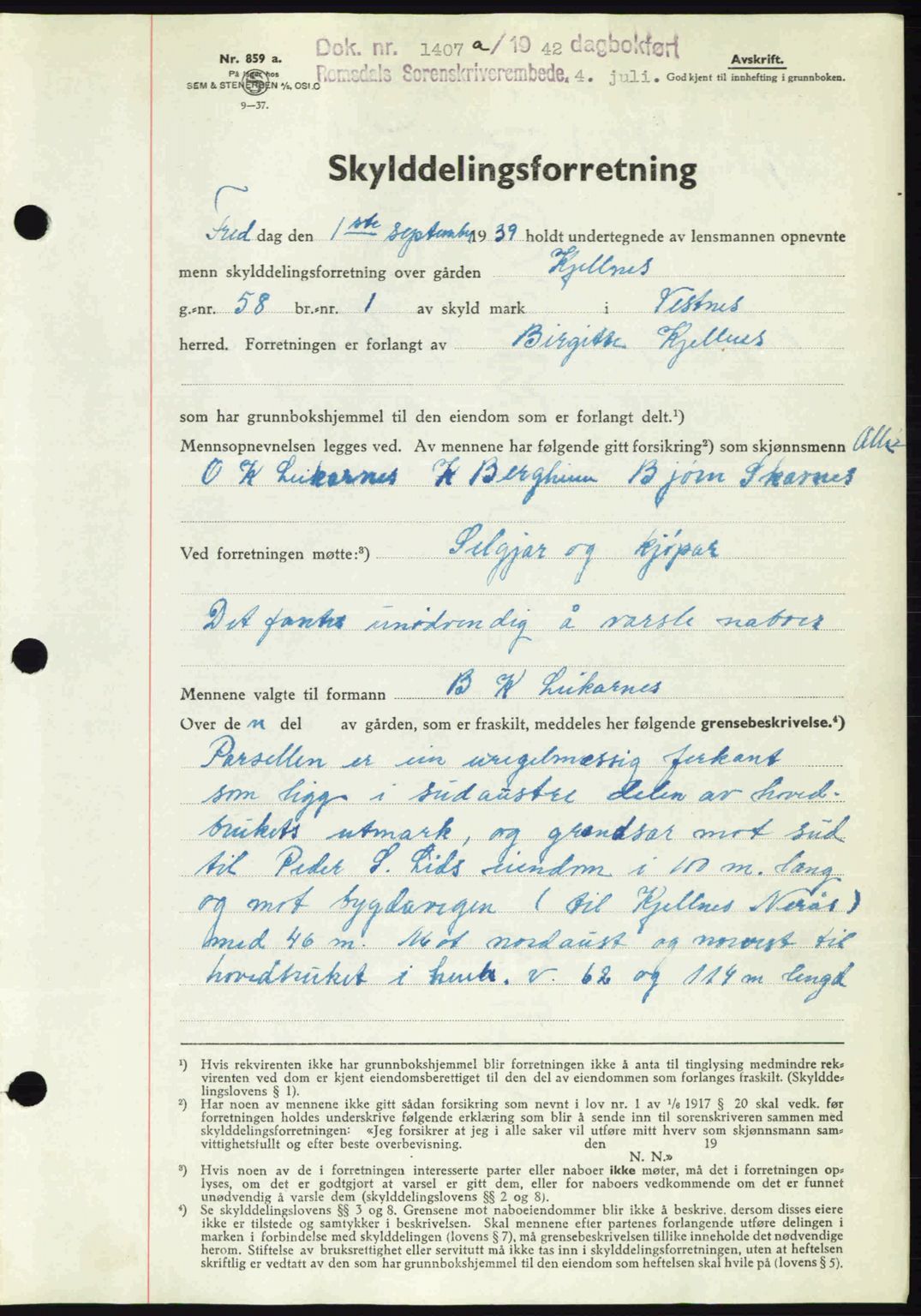 Romsdal sorenskriveri, AV/SAT-A-4149/1/2/2C: Mortgage book no. A12, 1942-1942, Diary no: : 1407/1942