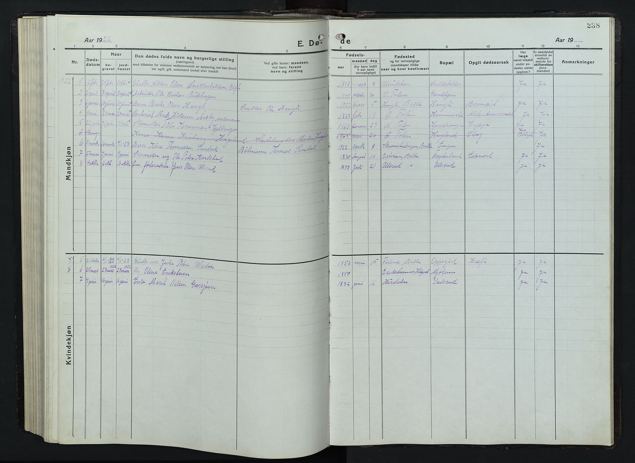 Balke prestekontor, SAH/PREST-106/H/Ha/Hab/L0001: Parish register (copy) no. 1, 1920-1955, p. 238