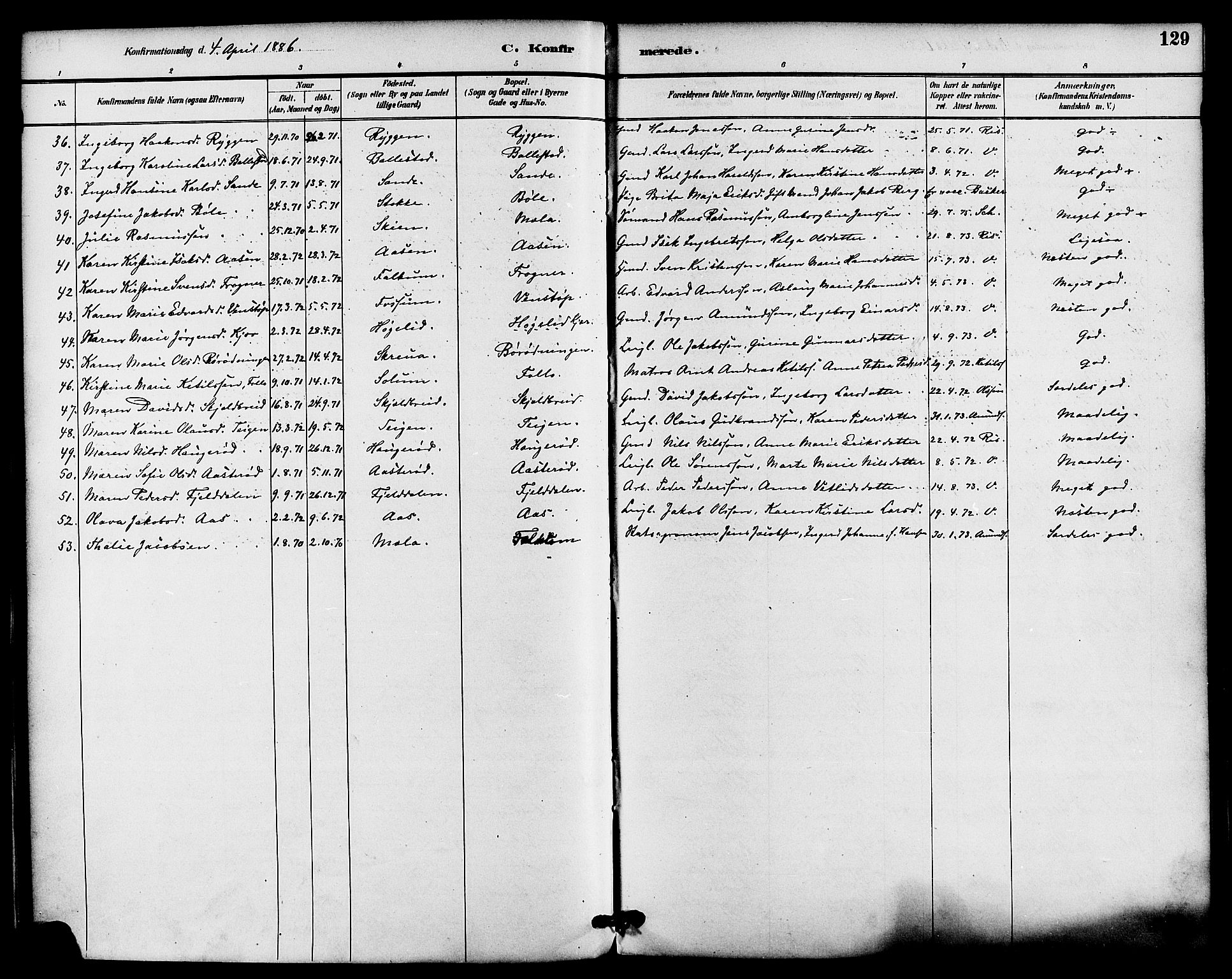 Gjerpen kirkebøker, SAKO/A-265/F/Fa/L0010: Parish register (official) no. I 10, 1886-1895, p. 129
