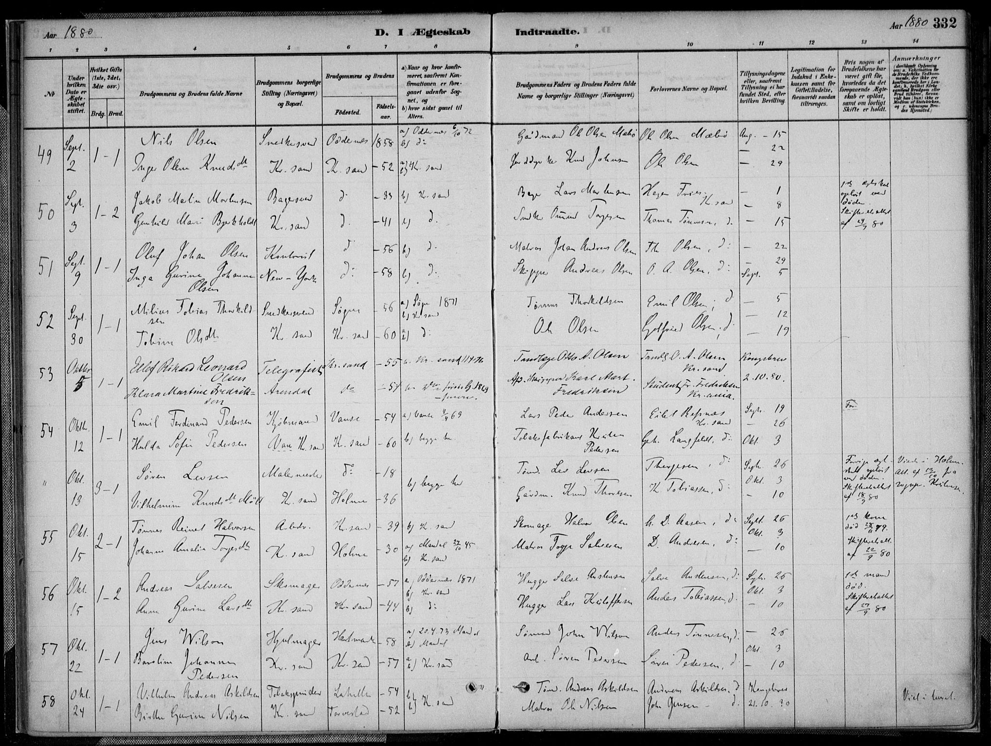 Kristiansand domprosti, SAK/1112-0006/F/Fa/L0017: Parish register (official) no. A 16B, 1880-1890, p. 332