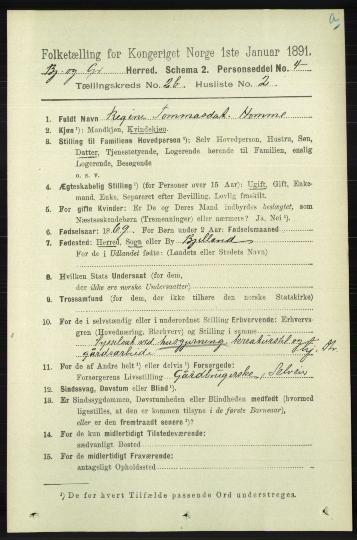 RA, 1891 census for 1024 Bjelland og Grindheim, 1891, p. 1137