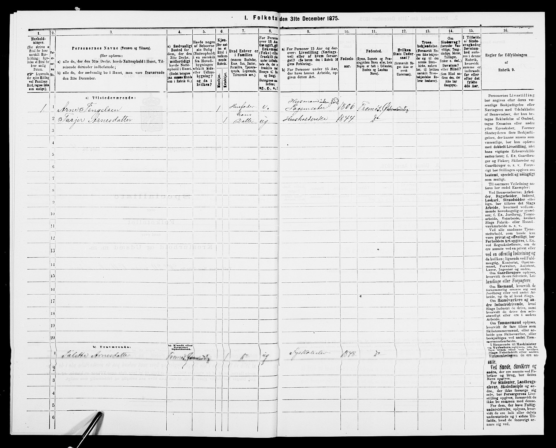 SAK, 1875 census for 0918P Austre Moland, 1875, p. 1105