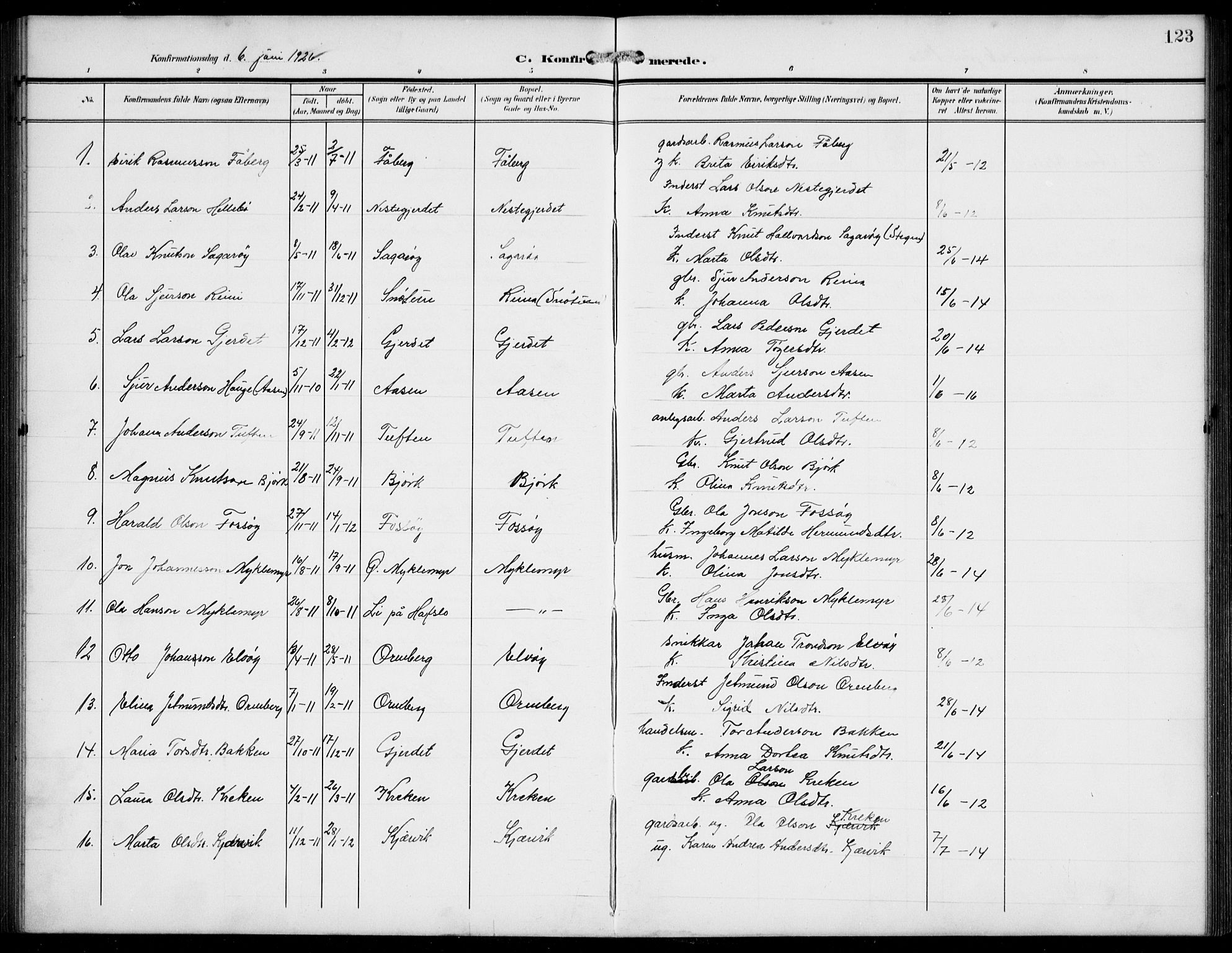 Jostedal sokneprestembete, AV/SAB-A-80601/H/Hab/Haba/L0002: Parish register (copy) no. A 2, 1907-1931, p. 123